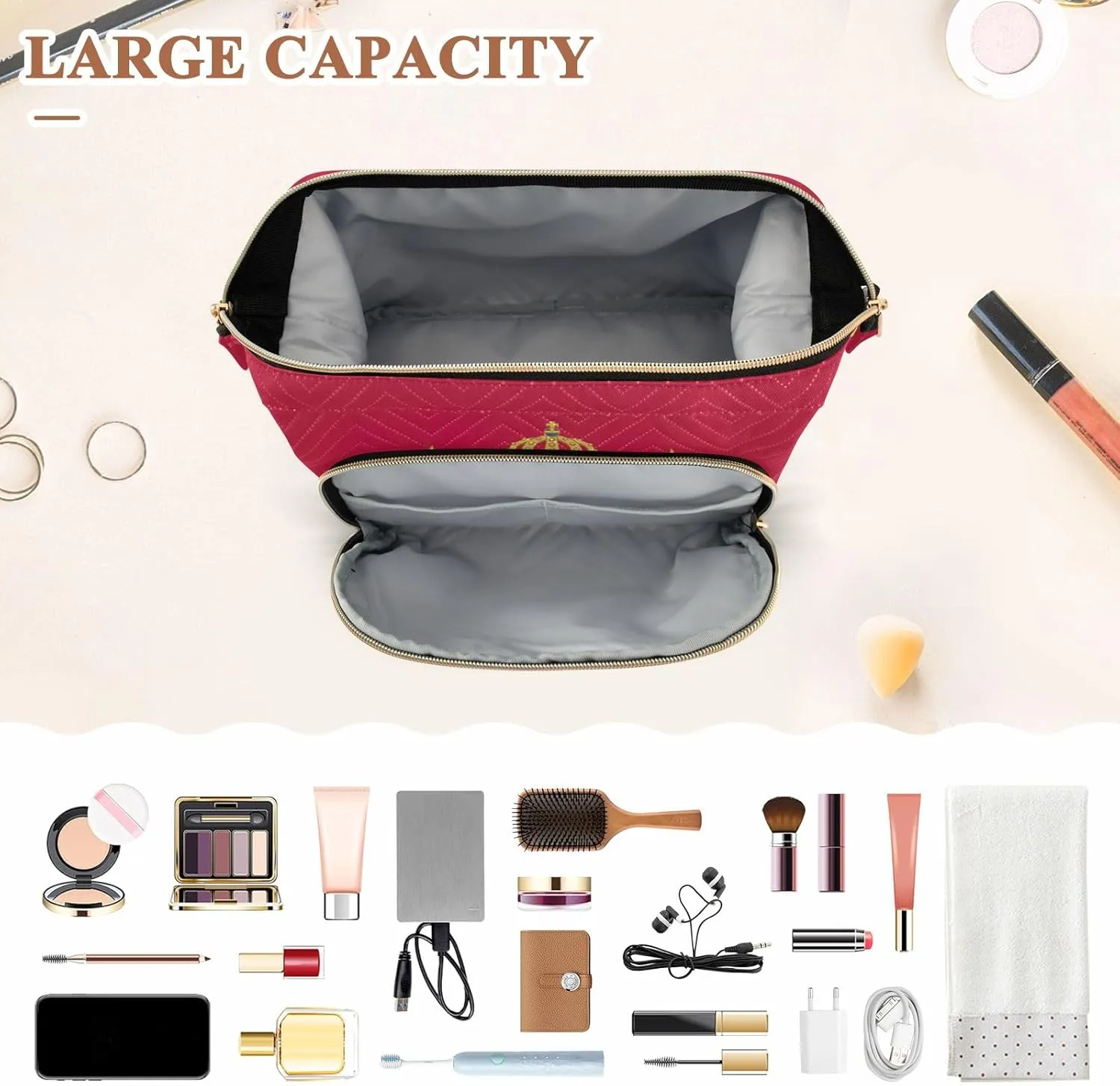 Quilted Makeup Bag Set with 9-Piece Accessory Set, Montenegro Flag Wide-open Pouch Purse Toiletry Bag for Cosmetics Toiletries Accessories