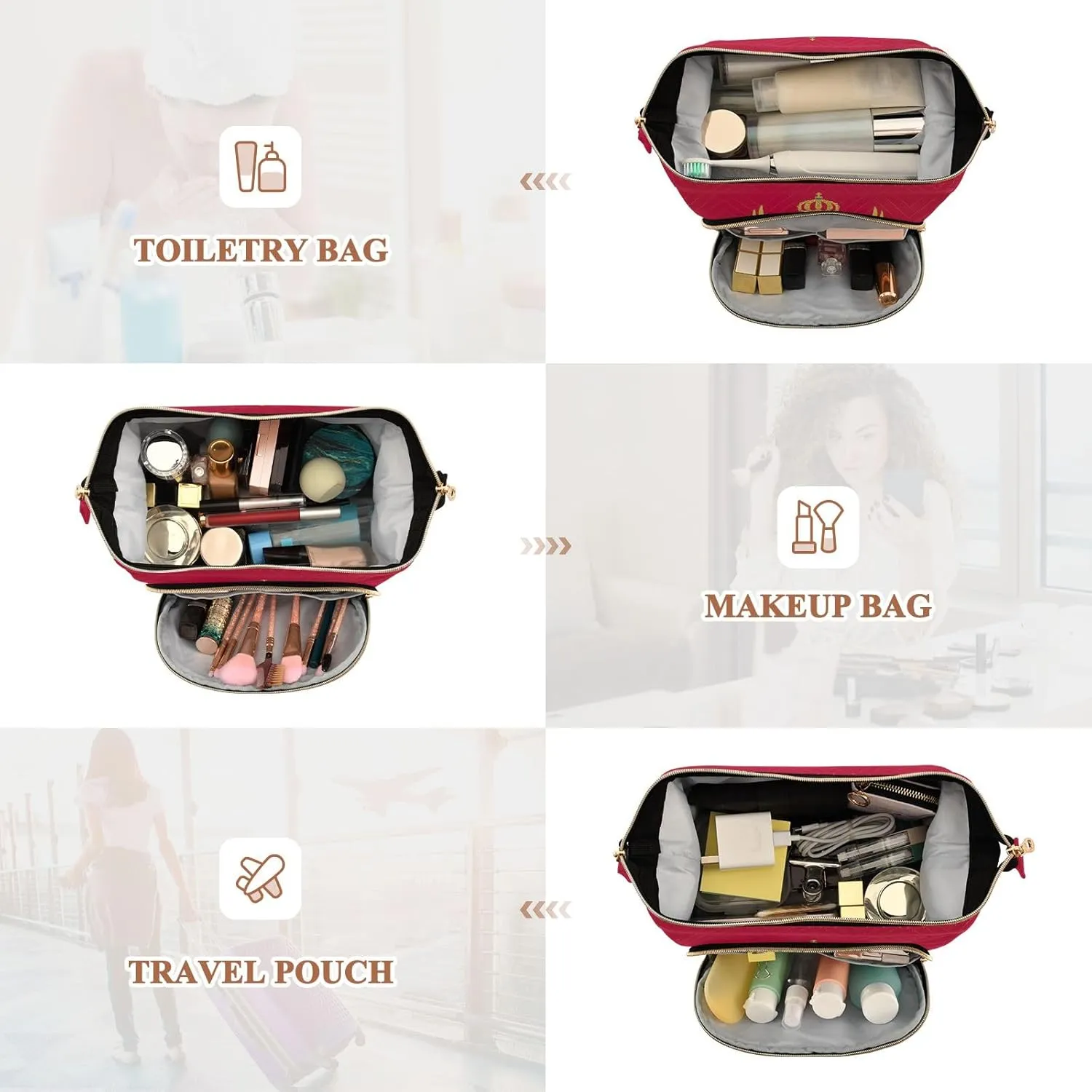 Quilted Makeup Bag Set with 9-Piece Accessory Set, Montenegro Flag Wide-open Pouch Purse Toiletry Bag for Cosmetics Toiletries Accessories