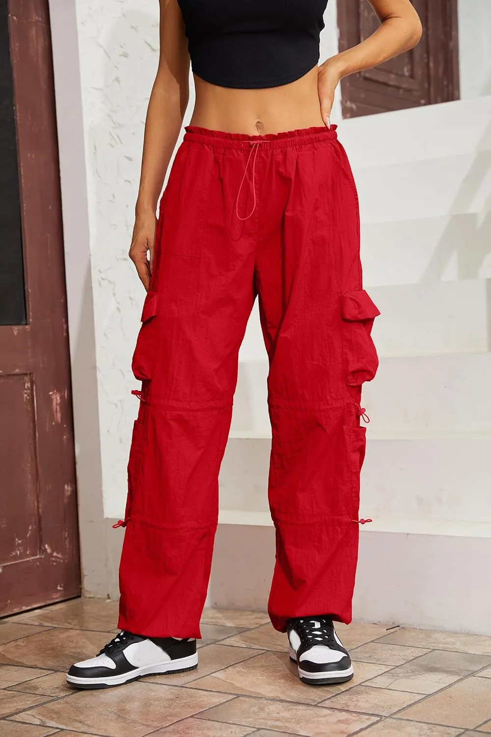 QYANGG Baggy Parachute Pants for Women& Girls Drawstring Elastic Low Waist Ruched Cargo Pants Multiple Pockets Jogger Y2K