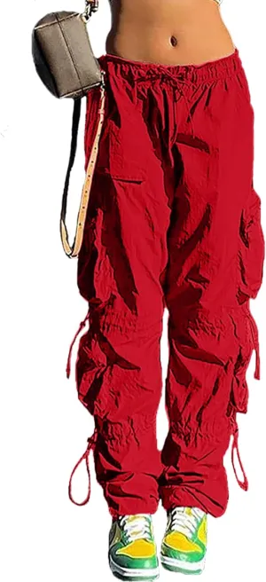 QYANGG Baggy Parachute Pants for Women& Girls Drawstring Elastic Low Waist Ruched Cargo Pants Multiple Pockets Jogger Y2K
