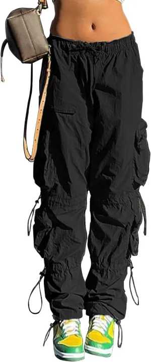 QYANGG Baggy Parachute Pants for Women& Girls Drawstring Elastic Low Waist Ruched Cargo Pants Multiple Pockets Jogger Y2K