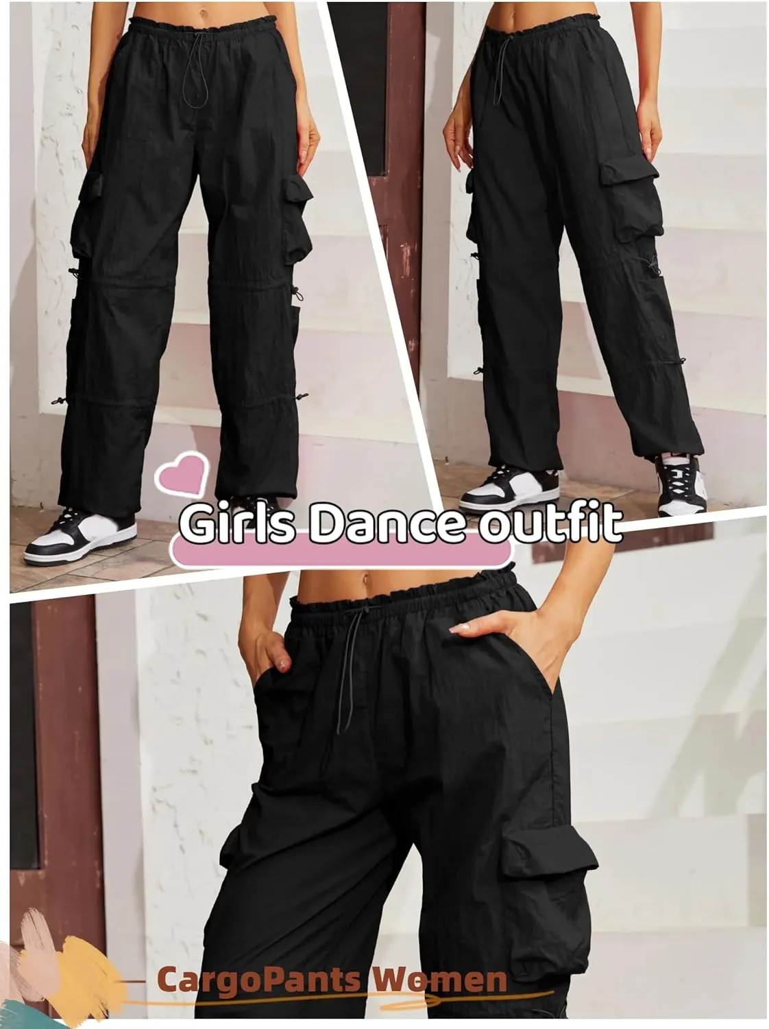 QYANGG Baggy Parachute Pants for Women& Girls Drawstring Elastic Low Waist Ruched Cargo Pants Multiple Pockets Jogger Y2K