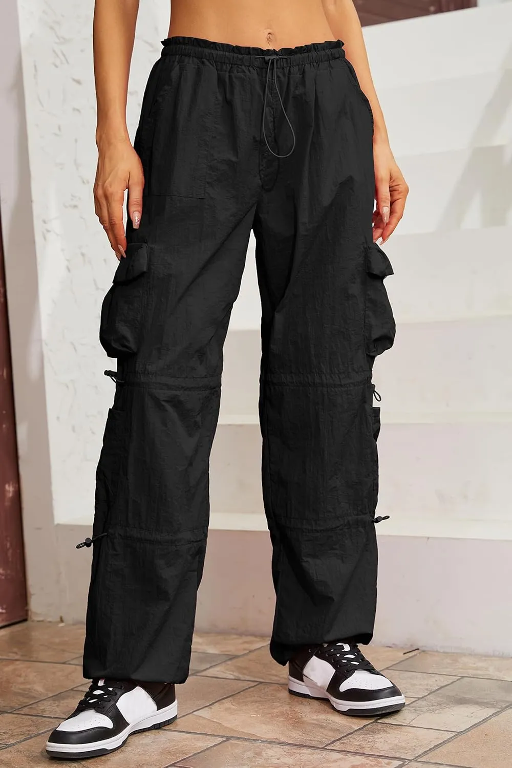 QYANGG Baggy Parachute Pants for Women& Girls Drawstring Elastic Low Waist Ruched Cargo Pants Multiple Pockets Jogger Y2K