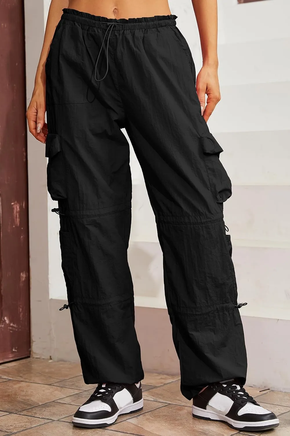 QYANGG Baggy Parachute Pants for Women& Girls Drawstring Elastic Low Waist Ruched Cargo Pants Multiple Pockets Jogger Y2K