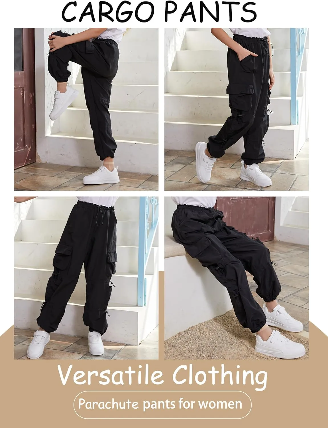 QYANGG Baggy Parachute Pants for Women& Girls Drawstring Elastic Low Waist Ruched Cargo Pants Multiple Pockets Jogger Y2K