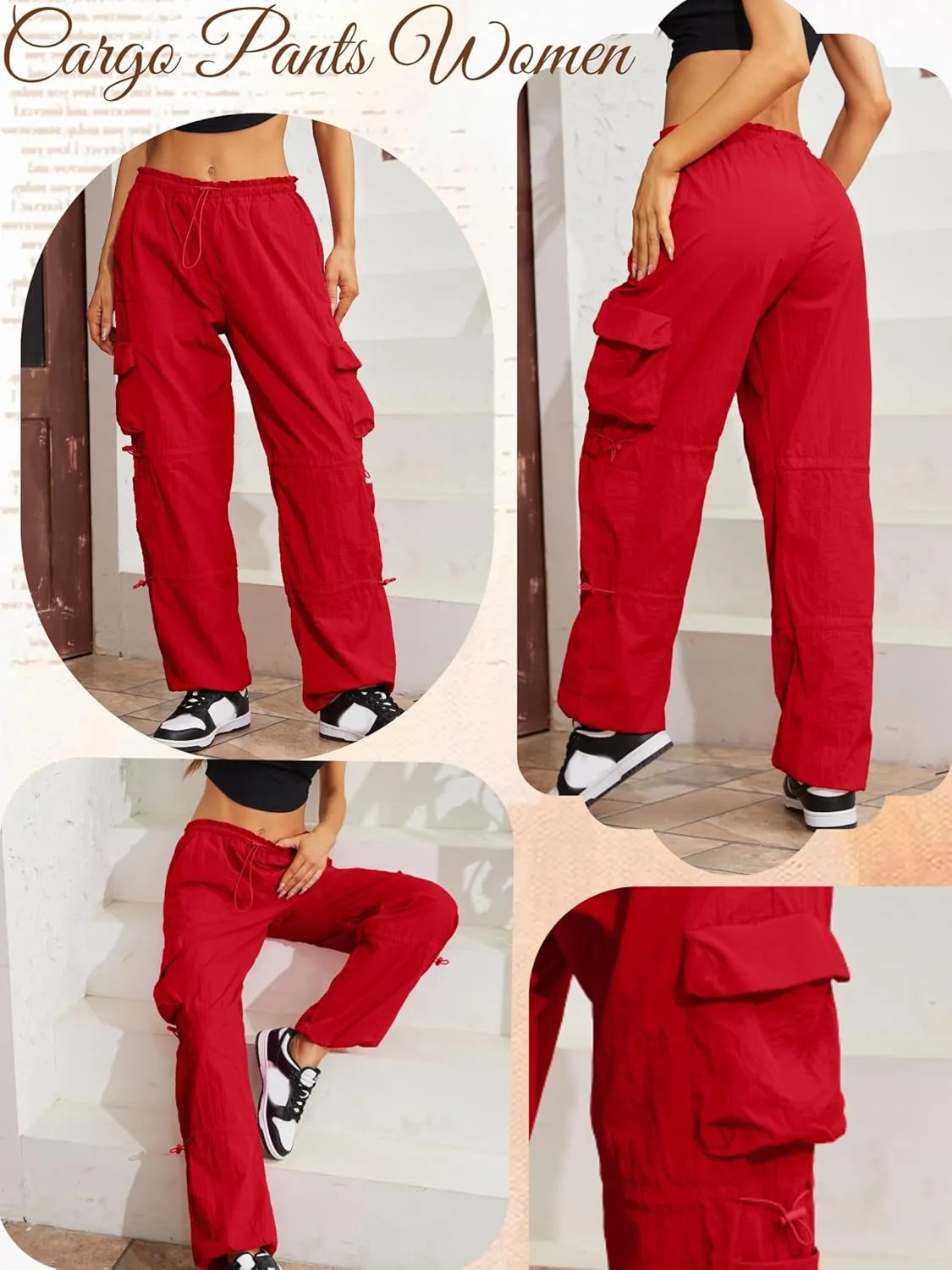 QYANGG Baggy Parachute Pants for Women& Girls Drawstring Elastic Low Waist Ruched Cargo Pants Multiple Pockets Jogger Y2K