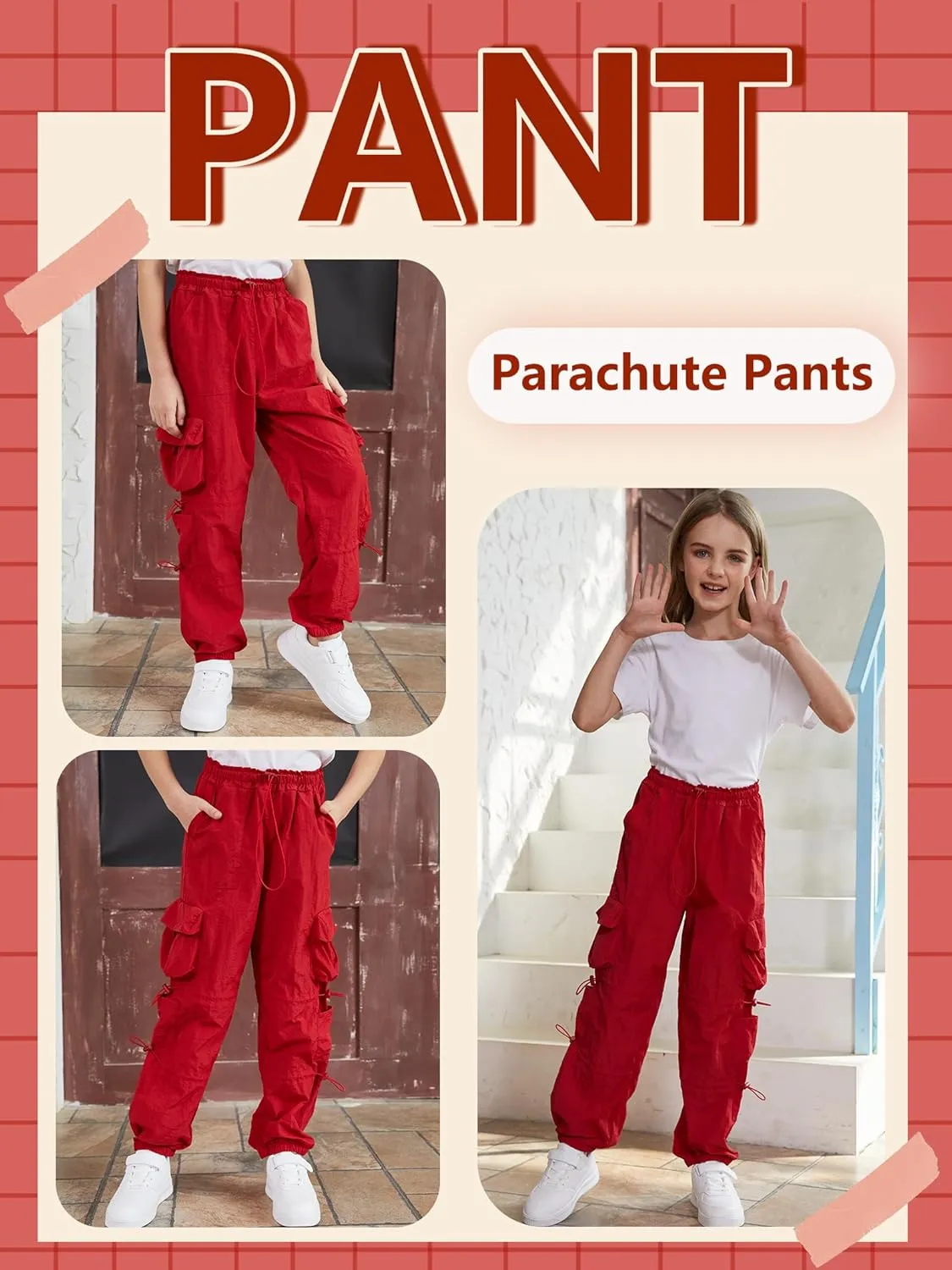 QYANGG Baggy Parachute Pants for Women& Girls Drawstring Elastic Low Waist Ruched Cargo Pants Multiple Pockets Jogger Y2K