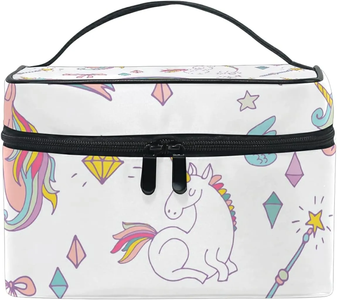 Rainbow Unicorn Seamless On White Beauty Cosmetic with Zipper Brush Portable Storage Bag, Fashion printing Toiletry, Durable Travel Organizer Tote for Unisex Gifts