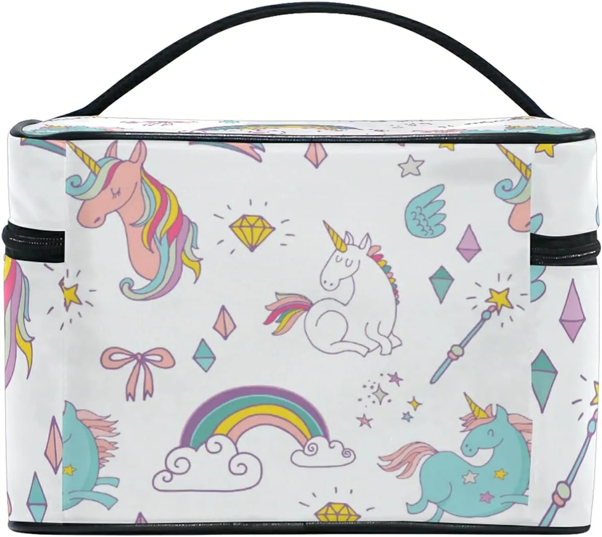 Rainbow Unicorn Seamless On White Beauty Cosmetic with Zipper Brush Portable Storage Bag, Fashion printing Toiletry, Durable Travel Organizer Tote for Unisex Gifts