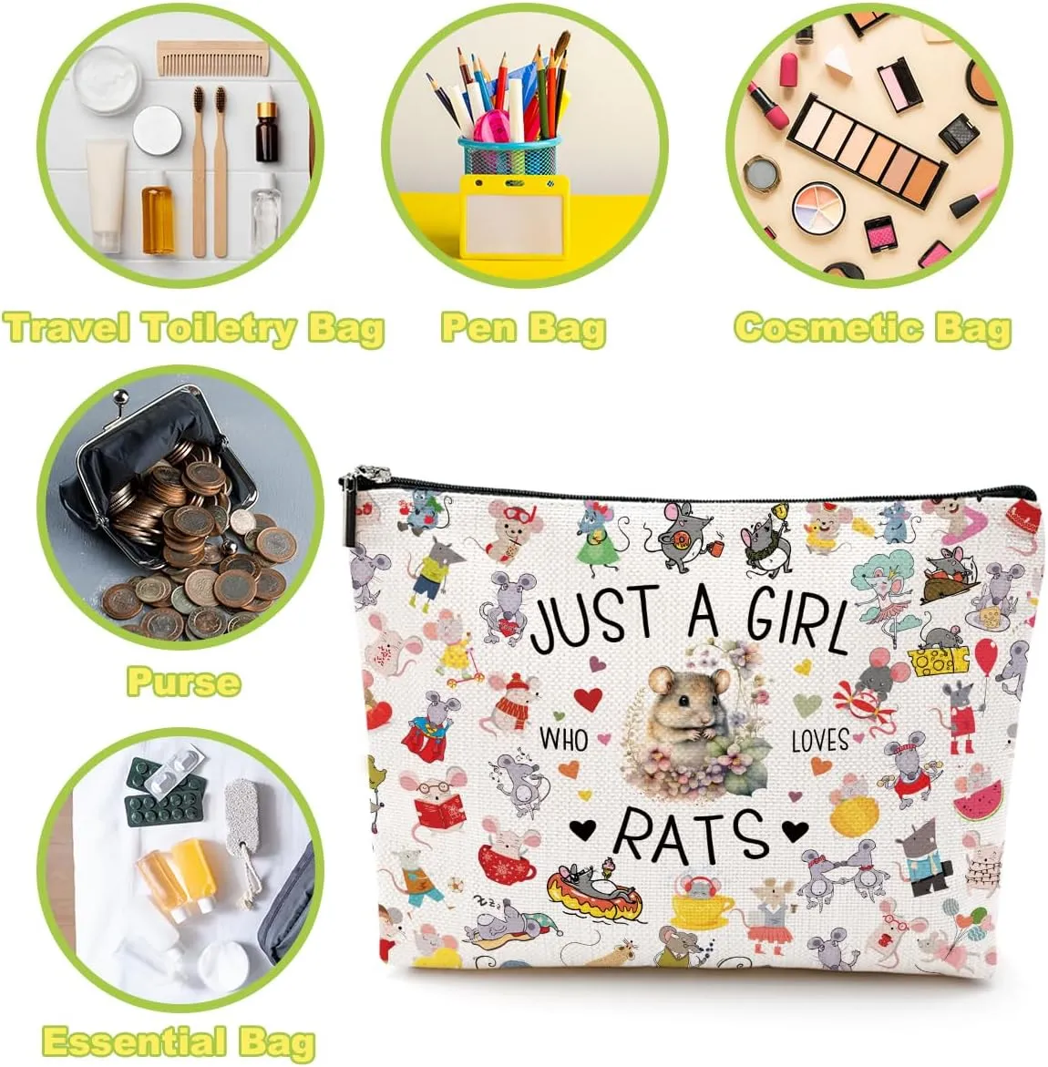 Rat Gifts Animal Lovers Gifts for Women Cute Rat Stuff Cosmetic Bag Nurse Thanksgiving Graduation Christmas Birthday Makeup Bag Funny Friendship Gifts for Friend Teen Girls Sister Daughter Rat Lovers