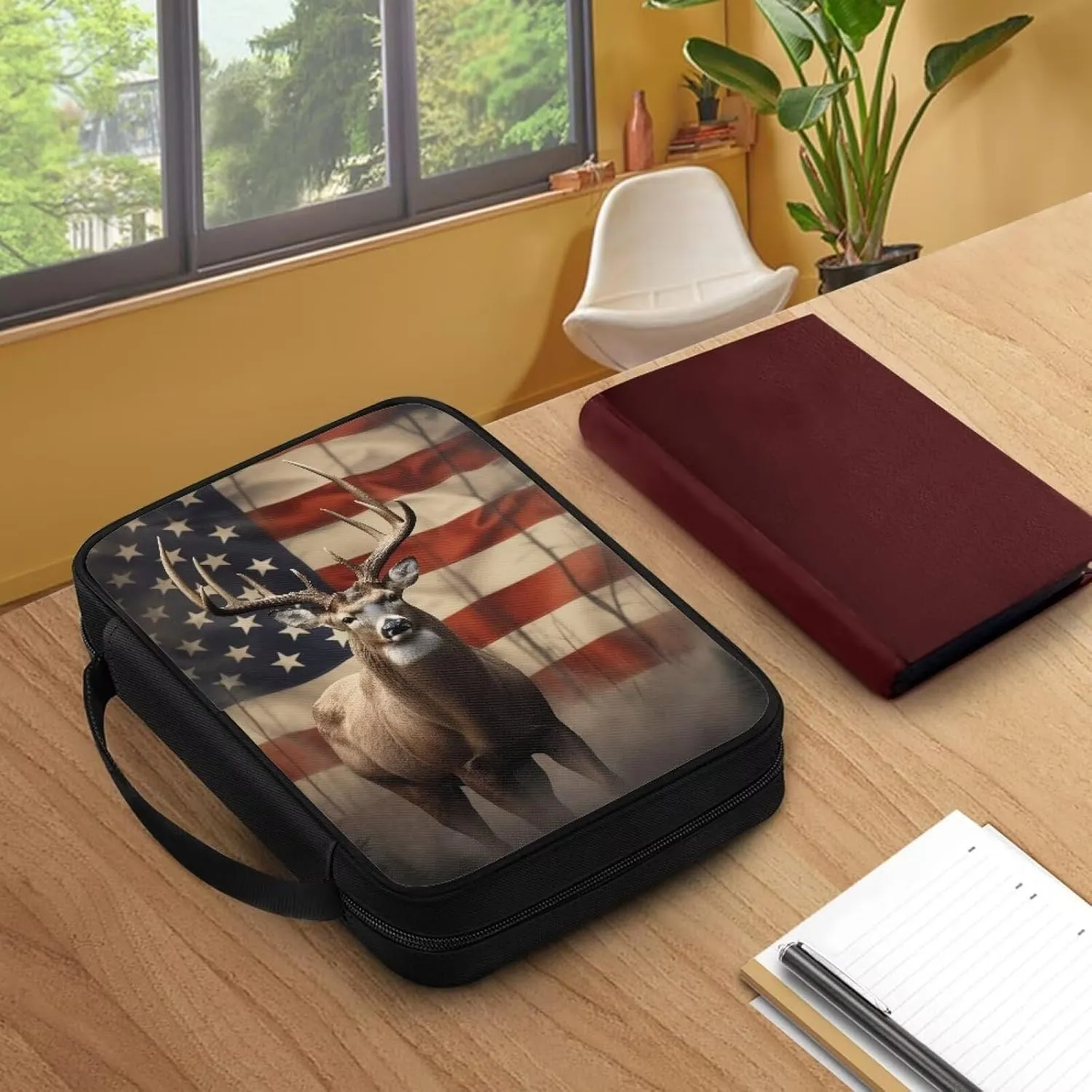 Rchsmod Deer American Flag Print Bible Cover for Women Men Portable Bible Case Large Bible Bag Bible Protective with Handle Functional Bible Accessories Bible Holder Handbag for Study