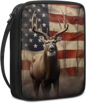 Rchsmod Deer American Flag Print Bible Cover for Women Men Portable Bible Case Large Bible Bag Bible Protective with Handle Functional Bible Accessories Bible Holder Handbag for Study