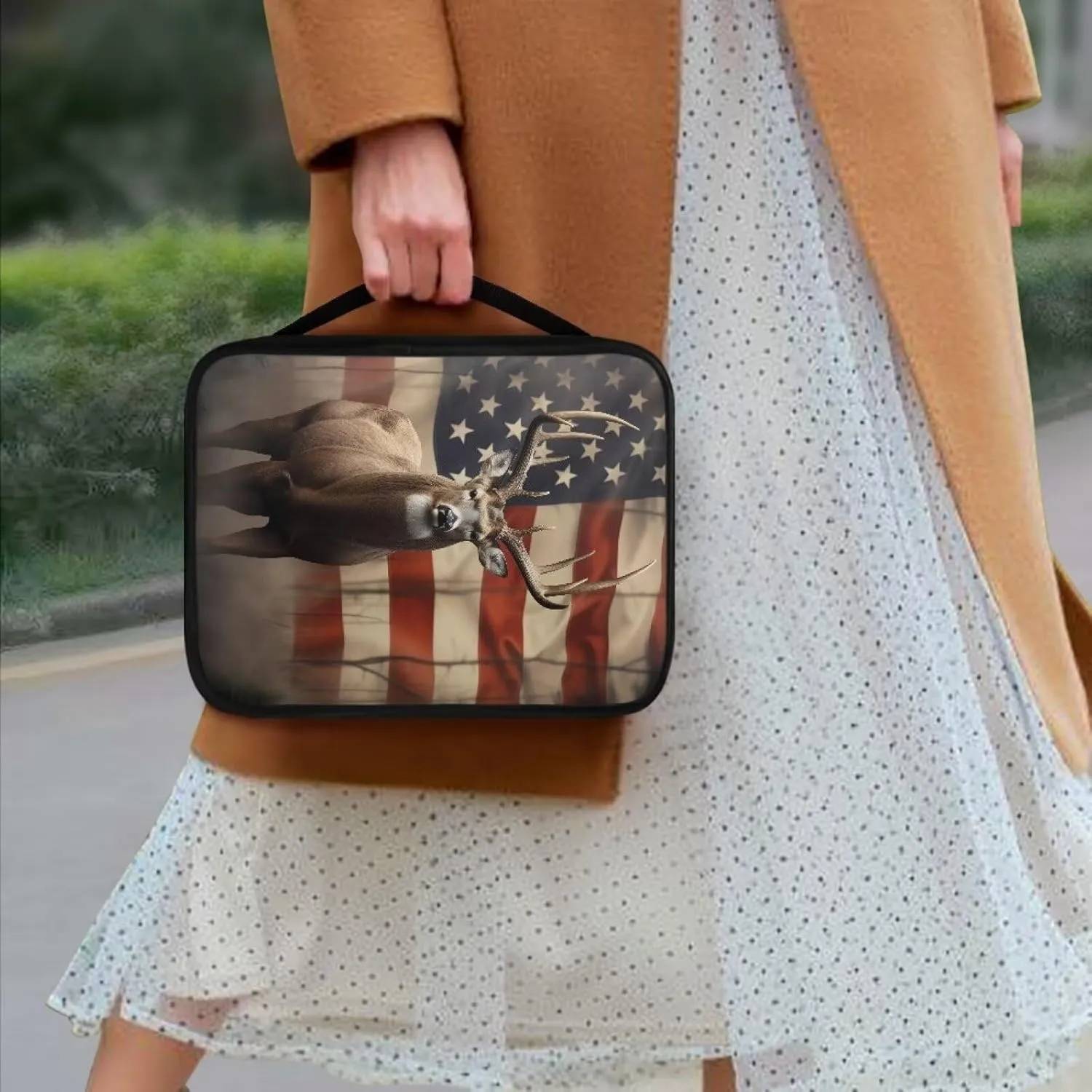 Rchsmod Deer American Flag Print Bible Cover for Women Men Portable Bible Case Large Bible Bag Bible Protective with Handle Functional Bible Accessories Bible Holder Handbag for Study