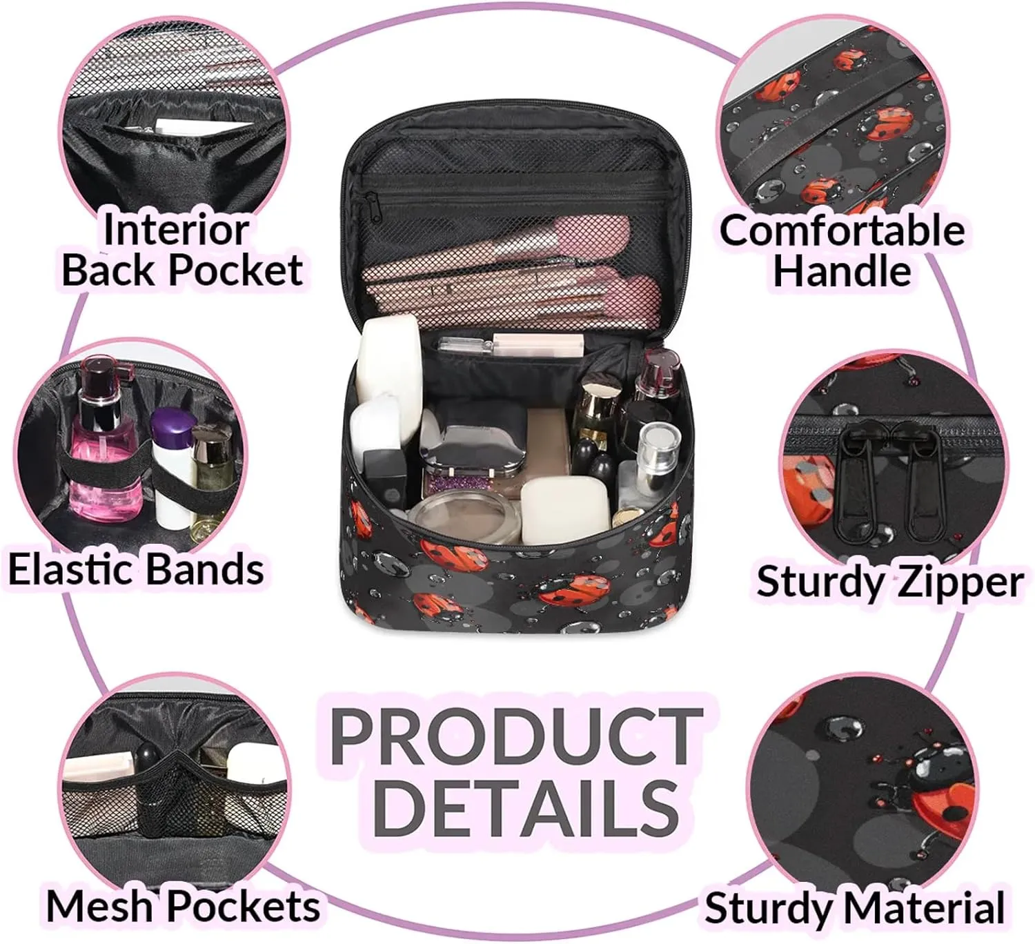 Red Ladybugs Travel Toiletry Bag Large Capacity Makeup Case Organizer with Handle Cosmetic Case for Women Girls
