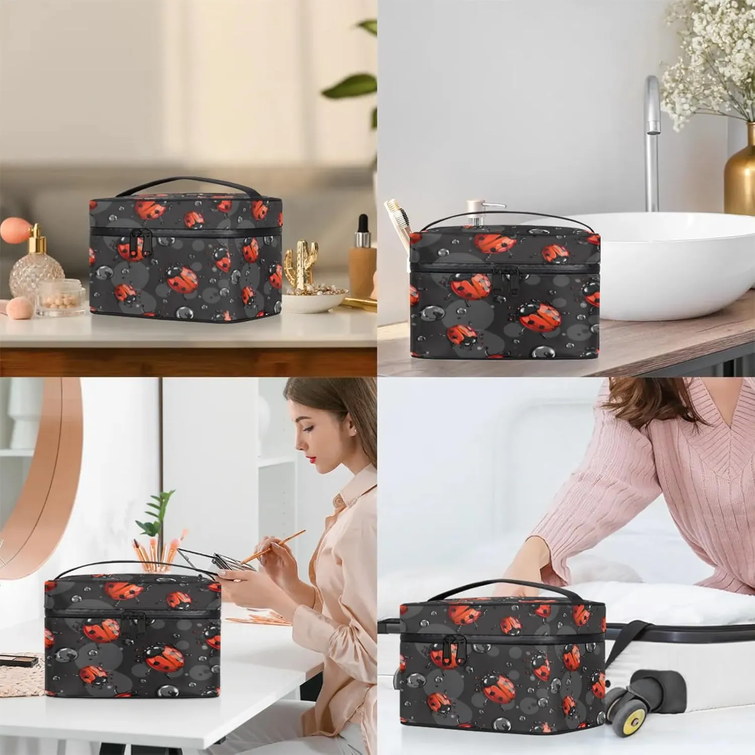 Red Ladybugs Travel Toiletry Bag Large Capacity Makeup Case Organizer with Handle Cosmetic Case for Women Girls