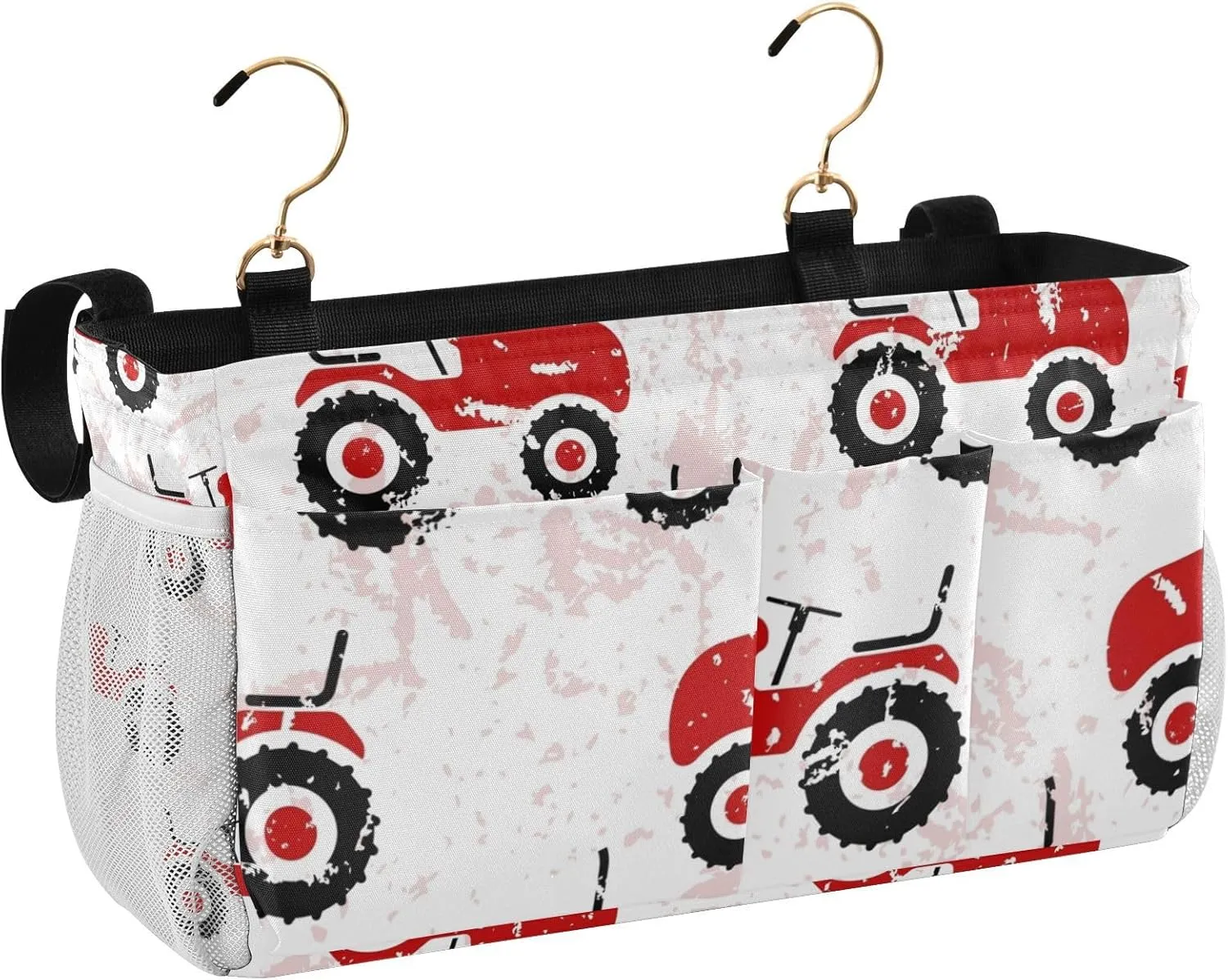 Red Old Wheeled Tractors Bedside Caddy, Bedside Storage Organizer with Straps and Cup Holder Mesh Bags for Home, College Dorm, Bunk and Hospital Bed, Crib Bed Rails