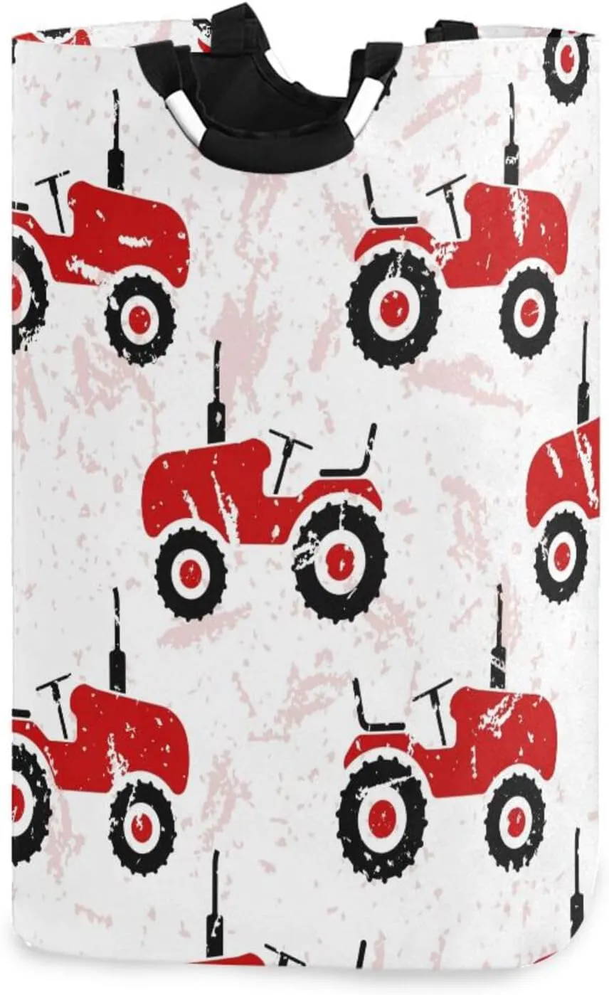 Red Old Wheeled Tractors Laundry Baskets Collapsible Nursery Laundry Hamper Organizer Waterproof Foldable Round Clothes Bag for Bedrooms Dorm Clothes Books Storage