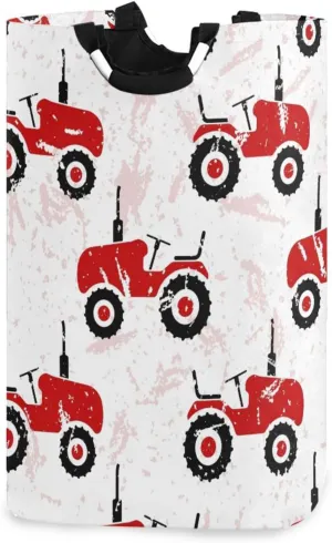 Red Old Wheeled Tractors Laundry Baskets Collapsible Nursery Laundry Hamper Organizer Waterproof Foldable Round Clothes Bag for Bedrooms Dorm Clothes Books Storage