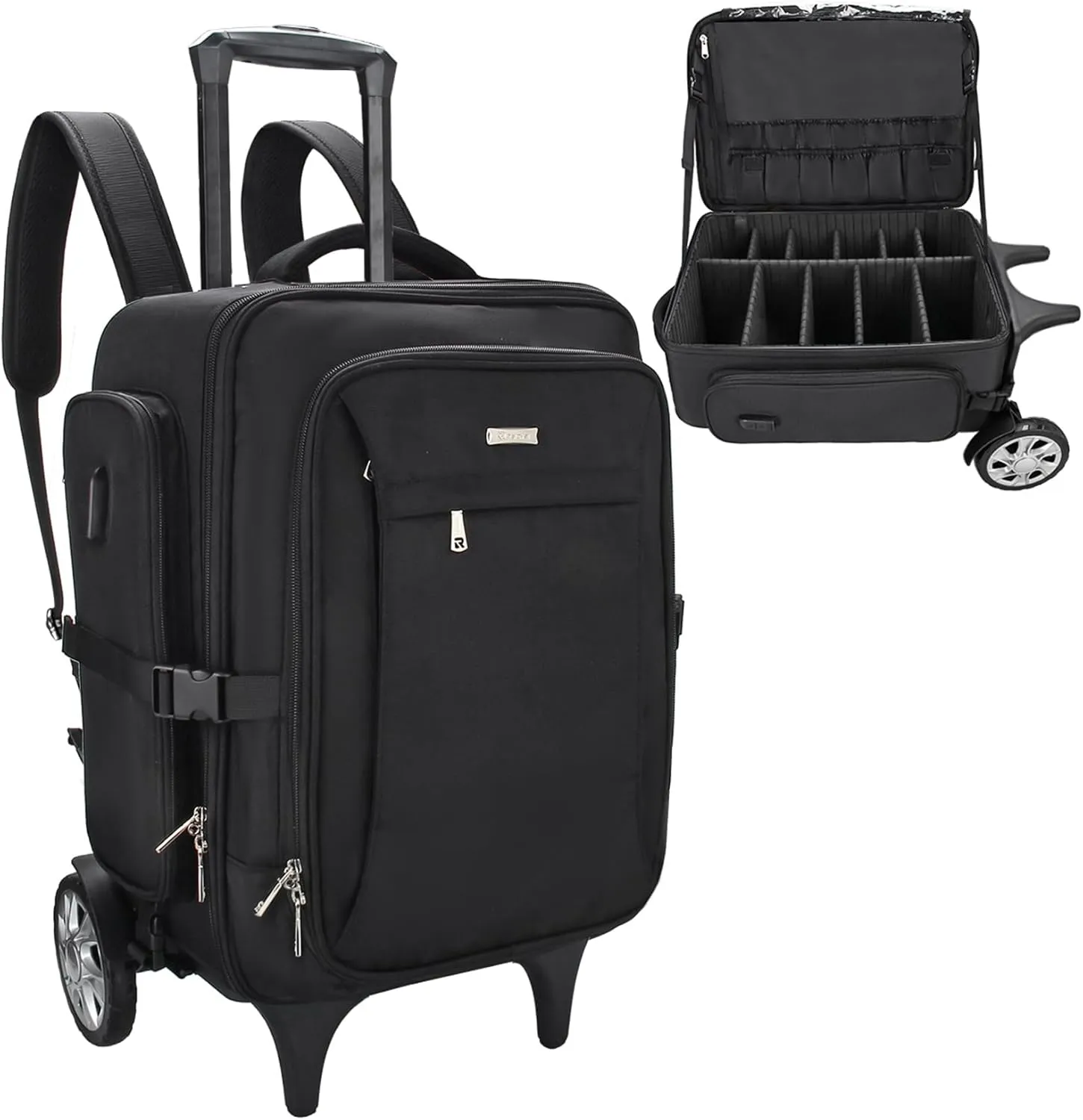 Relavel Rolling Makeup Case with Big Wheels, Trolley Travel Train Case Organizer, Extra Large Cosmetic Cases with Adjustable Dividers for Barber Makeup Artist (Black)