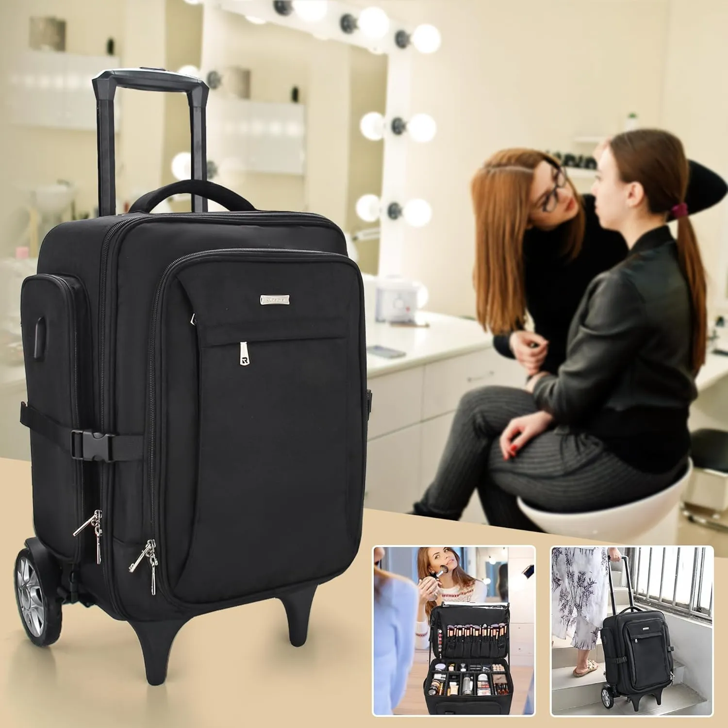 Relavel Rolling Makeup Case with Big Wheels, Trolley Travel Train Case Organizer, Extra Large Cosmetic Cases with Adjustable Dividers for Barber Makeup Artist (Black)
