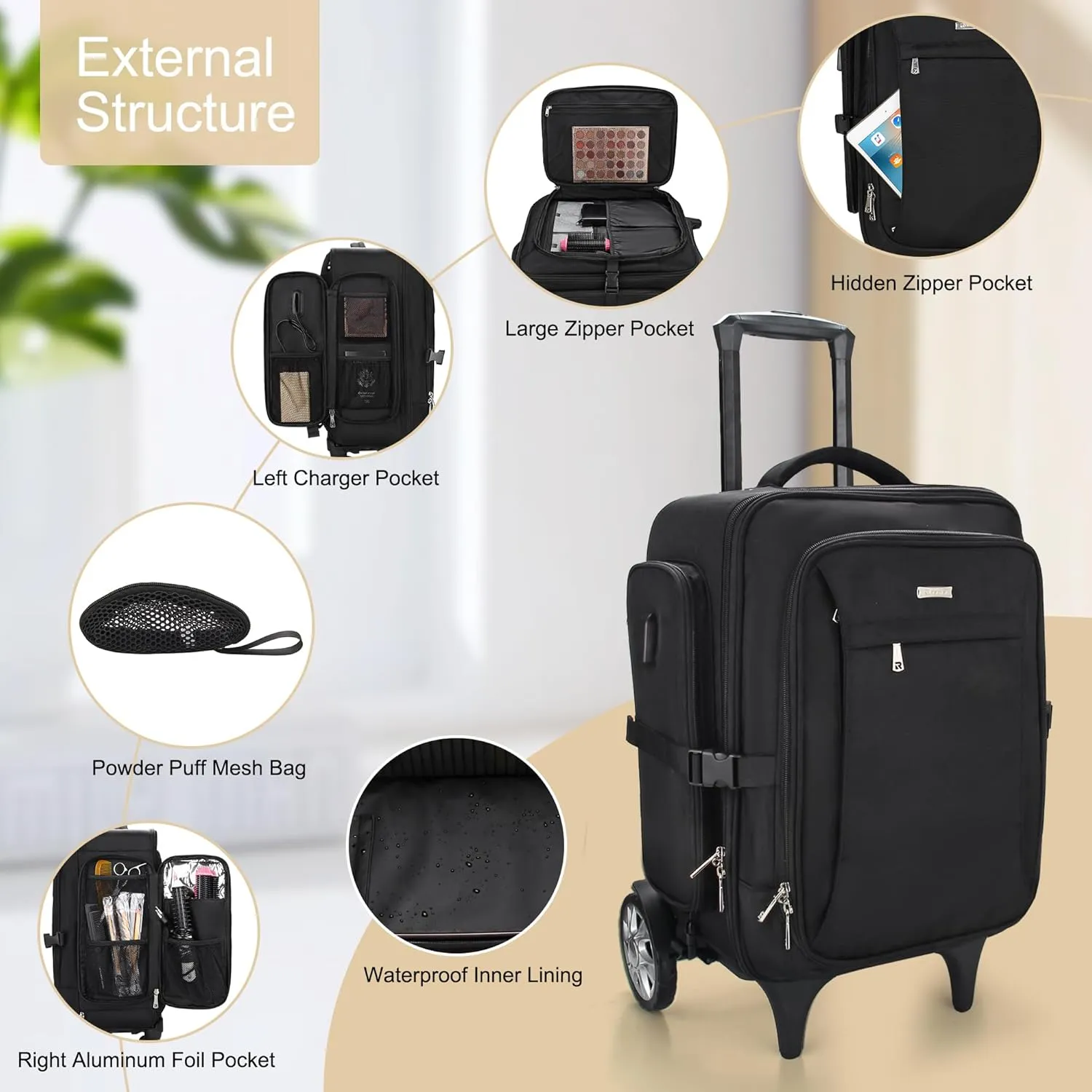 Relavel Rolling Makeup Case with Big Wheels, Trolley Travel Train Case Organizer, Extra Large Cosmetic Cases with Adjustable Dividers for Barber Makeup Artist (Black)