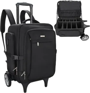 Relavel Rolling Makeup Case with Big Wheels, Trolley Travel Train Case Organizer, Extra Large Cosmetic Cases with Adjustable Dividers for Barber Makeup Artist (Black)