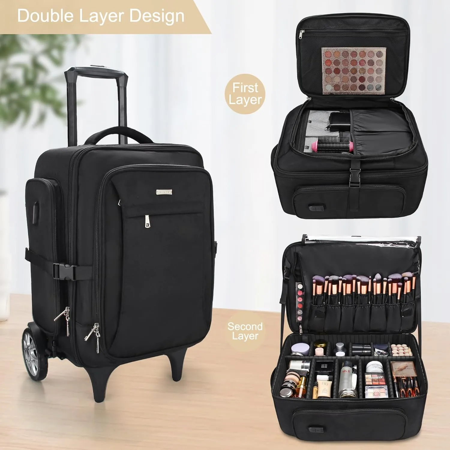 Relavel Rolling Makeup Case with Big Wheels, Trolley Travel Train Case Organizer, Extra Large Cosmetic Cases with Adjustable Dividers for Barber Makeup Artist (Black)