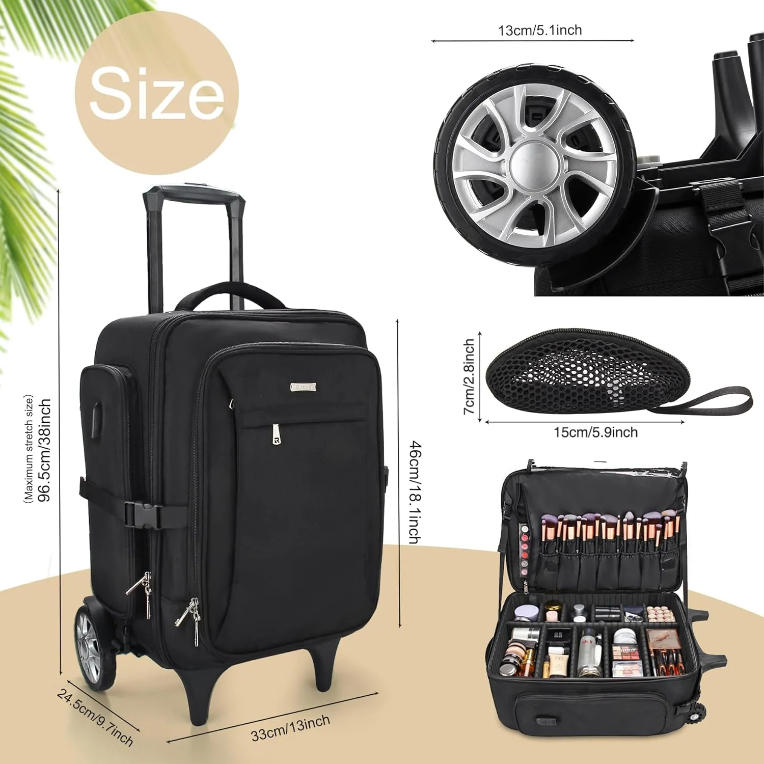 Relavel Rolling Makeup Case with Big Wheels, Trolley Travel Train Case Organizer, Extra Large Cosmetic Cases with Adjustable Dividers for Barber Makeup Artist (Black)