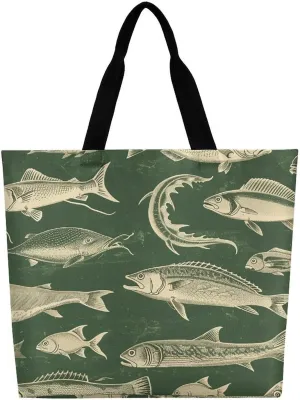 Retro Fish Tote Bag Large Women Casual Shoulder Bag Reusable Grocery Bag Fasion Handbag for Office Shopping Travel