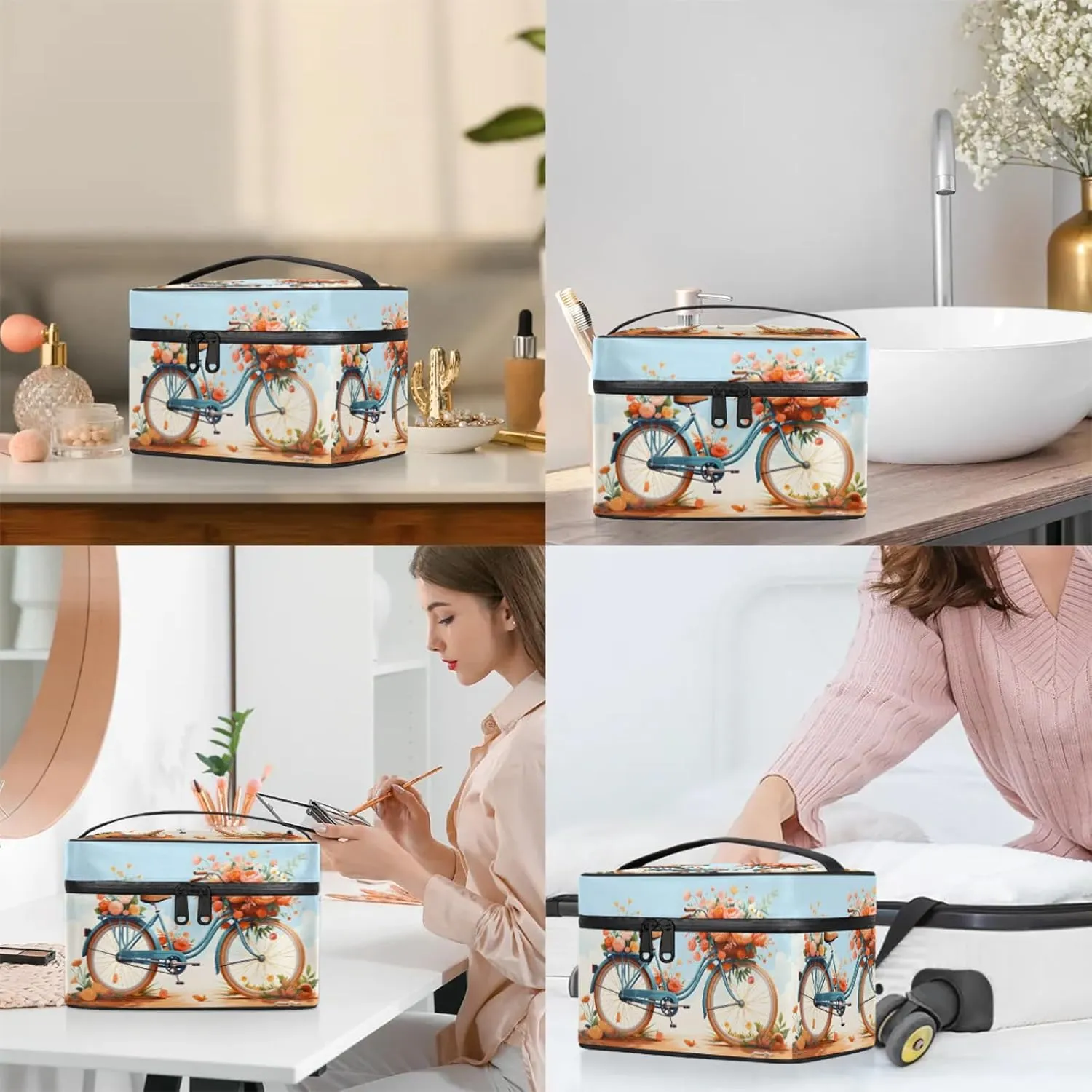 Retro Floral Travel Toiletry Bag Rose Flower Large Capacity Makeup Case Organizer with Handle Cosmetic Case for Women Girls