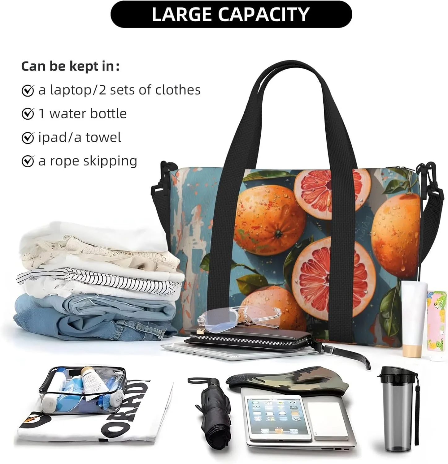 Retro orange art print Travel Duffel Bag, Sports Tote Gym Bag, Swim Pool Bag Large Shoulder Tote Bag for Beach Weekender