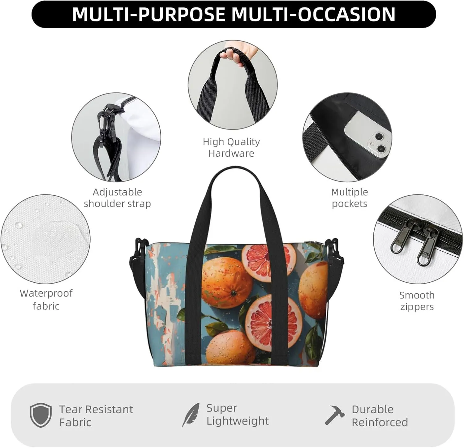 Retro orange art print Travel Duffel Bag, Sports Tote Gym Bag, Swim Pool Bag Large Shoulder Tote Bag for Beach Weekender