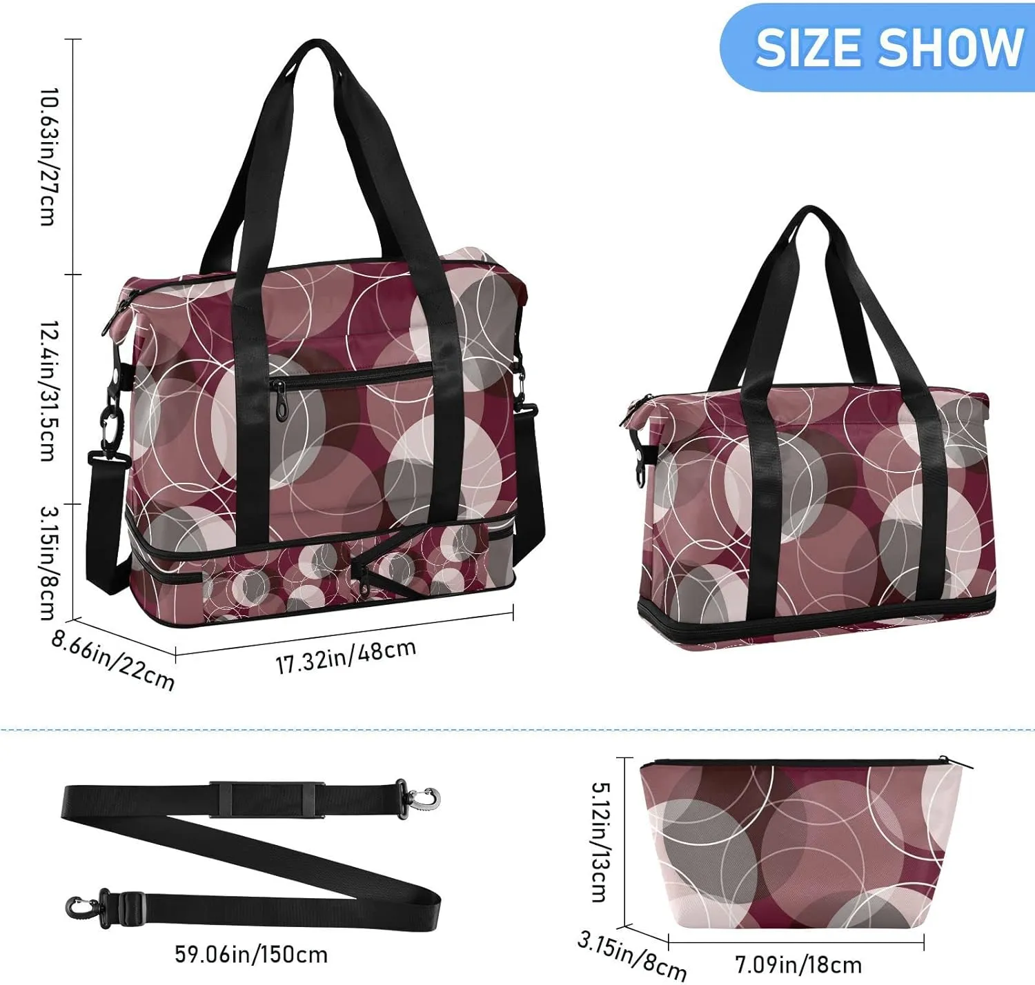 Retro Rings Maroon Grey Fuchsia Circles Gym Duffel Bag, Polyester Travel Weekender Luggage Handbag with Waterproof Pocket for Wet Items, Unisex Foldable Tote for Sports
