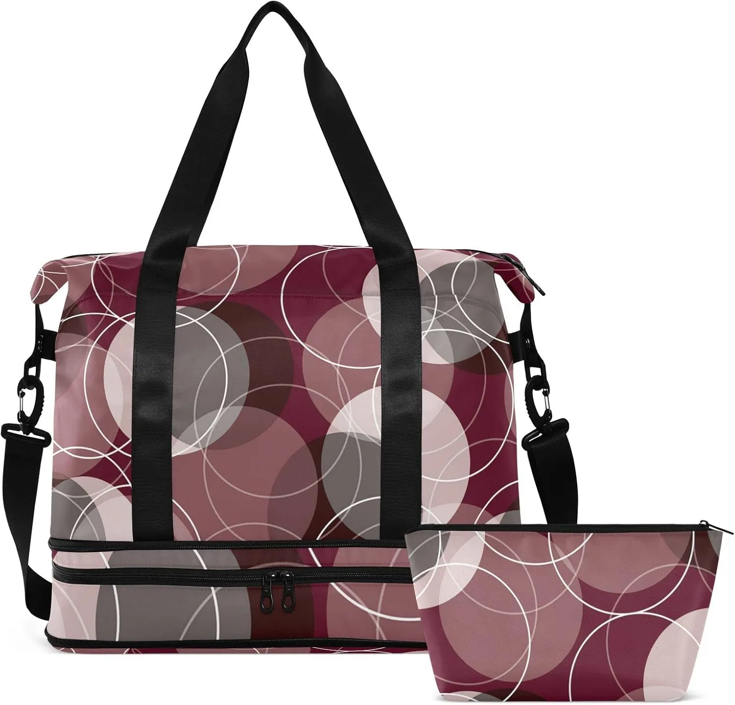 Retro Rings Maroon Grey Fuchsia Circles Gym Duffel Bag, Polyester Travel Weekender Luggage Handbag with Waterproof Pocket for Wet Items, Unisex Foldable Tote for Sports