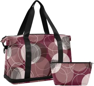 Retro Rings Maroon Grey Fuchsia Circles Gym Duffel Bag, Polyester Travel Weekender Luggage Handbag with Waterproof Pocket for Wet Items, Unisex Foldable Tote for Sports