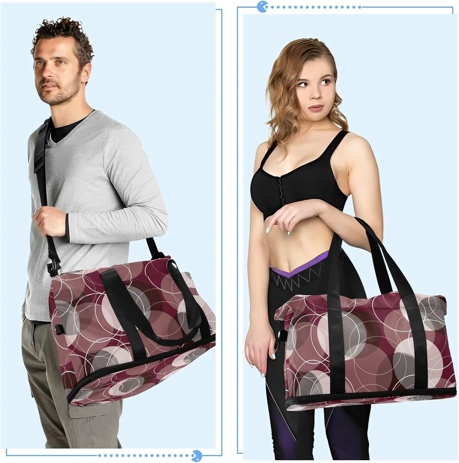 Retro Rings Maroon Grey Fuchsia Circles Gym Duffel Bag, Polyester Travel Weekender Luggage Handbag with Waterproof Pocket for Wet Items, Unisex Foldable Tote for Sports