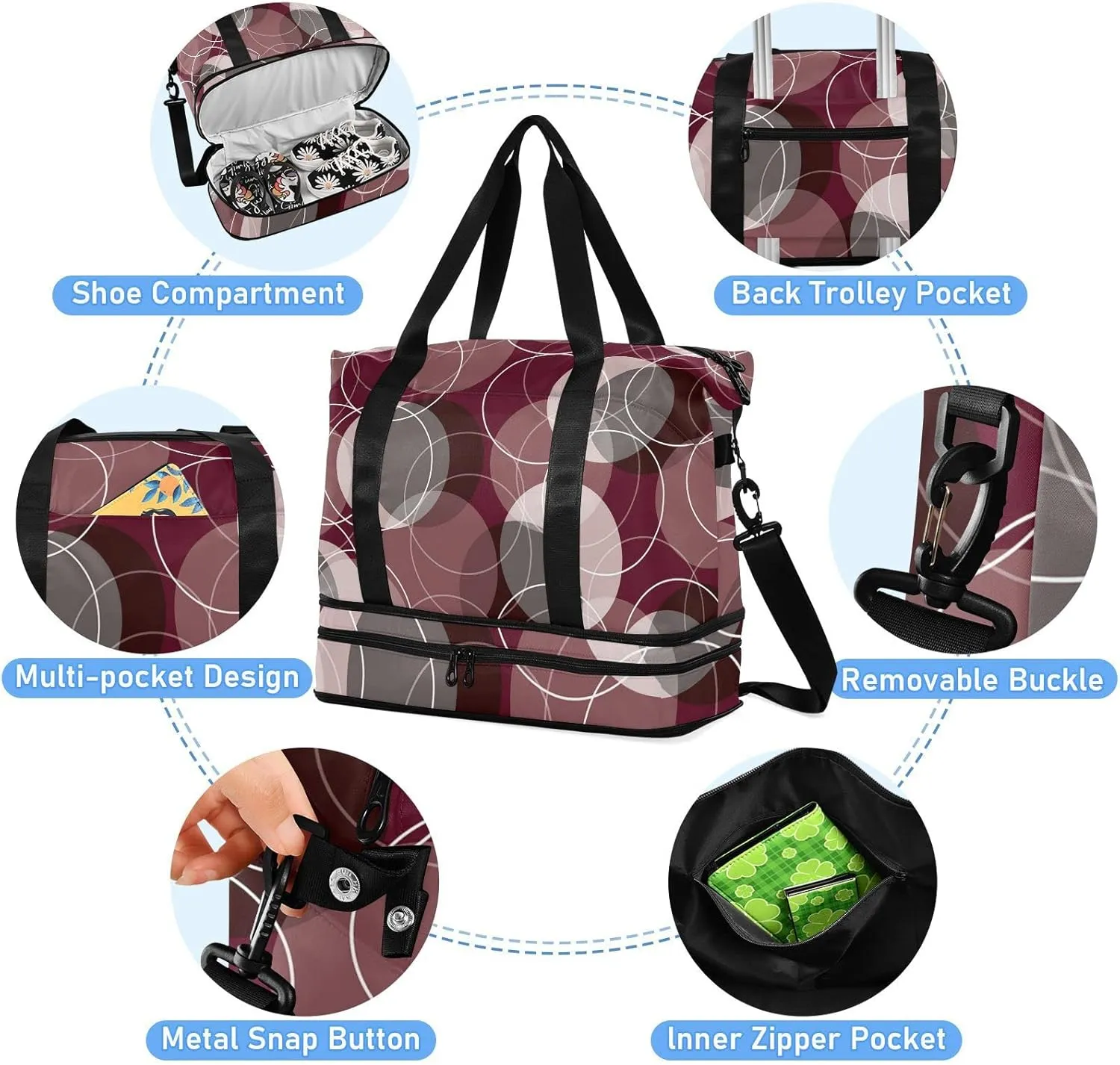 Retro Rings Maroon Grey Fuchsia Circles Gym Duffel Bag, Polyester Travel Weekender Luggage Handbag with Waterproof Pocket for Wet Items, Unisex Foldable Tote for Sports