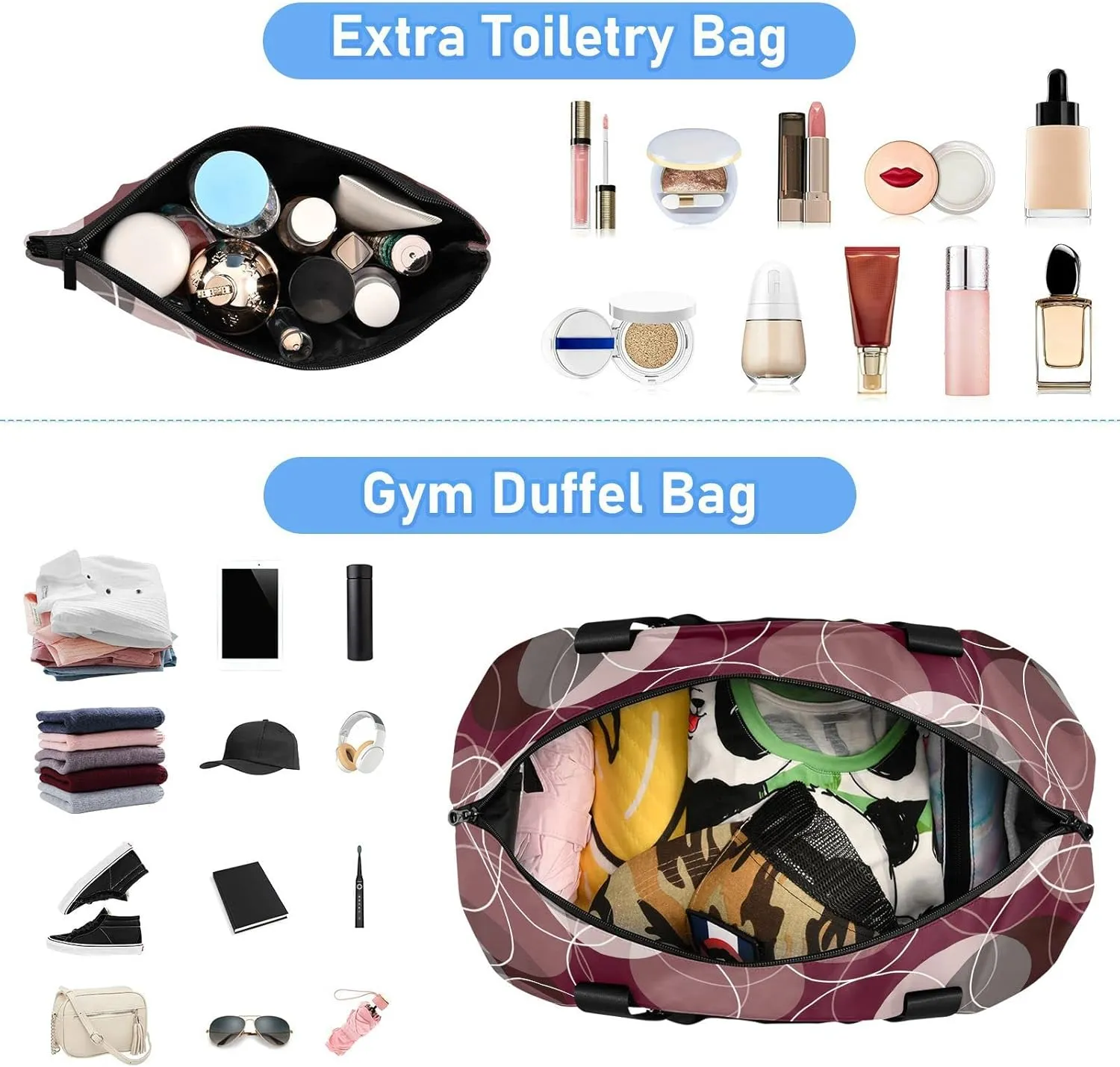 Retro Rings Maroon Grey Fuchsia Circles Gym Duffel Bag, Polyester Travel Weekender Luggage Handbag with Waterproof Pocket for Wet Items, Unisex Foldable Tote for Sports