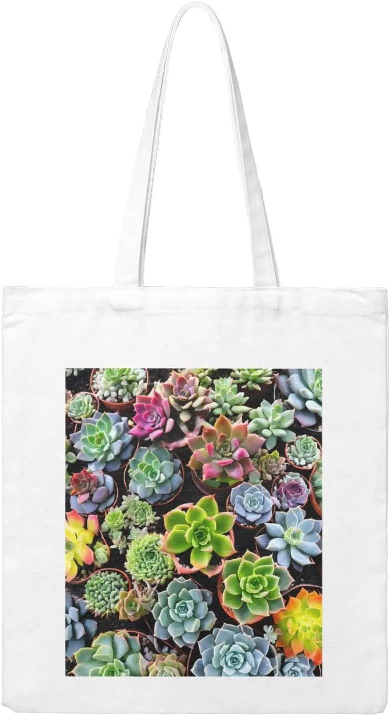 Reusable Heavy-Duty Canvas Tote Bag, Colorful Succulent handbag 15.75x13.87 Inch, Large Eco-Friendly Shopping Tote for Travel, Gym, Gifts, Machine Washable