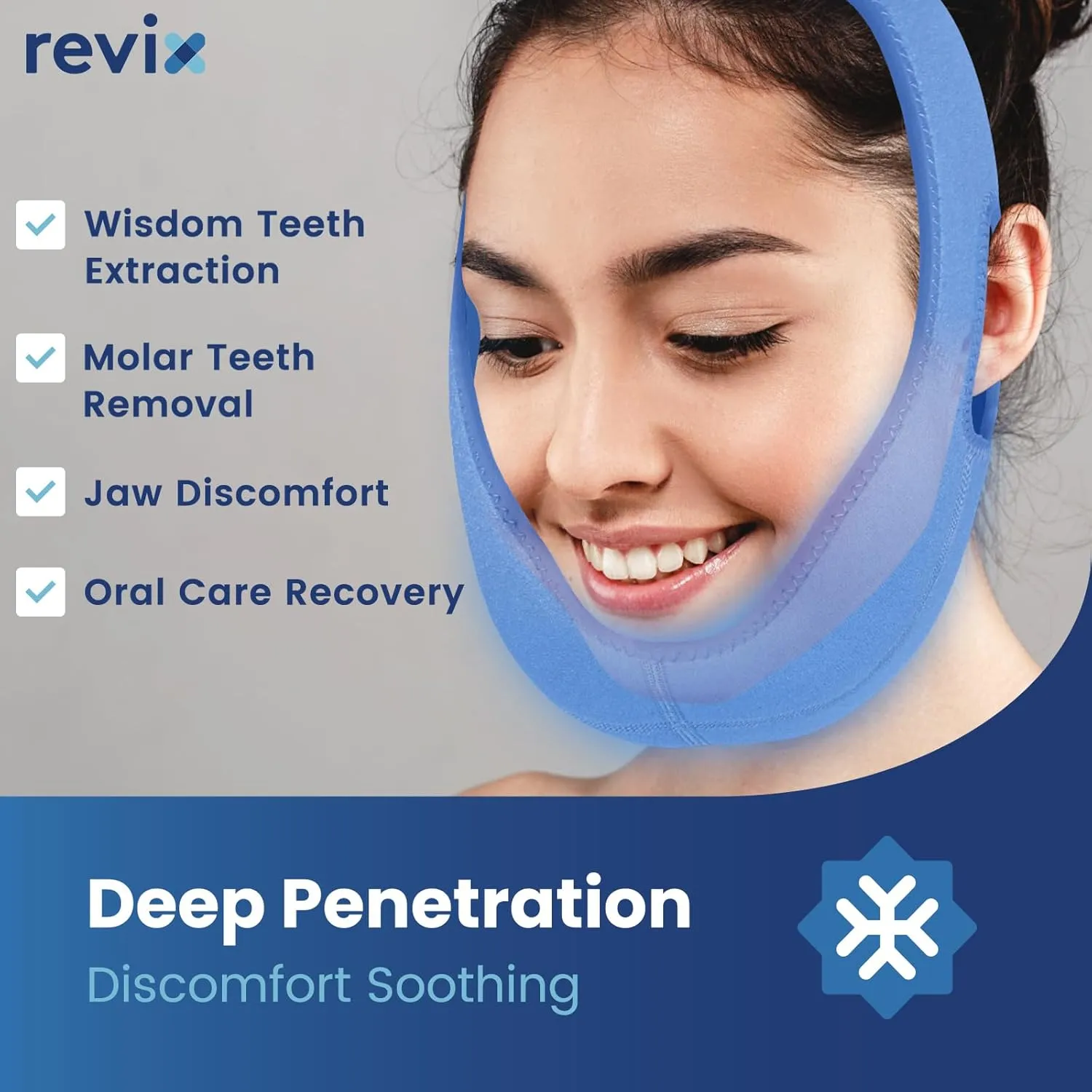 REVIX Face Ice Pack for Wisdom Teeth, 3D Sewing Ice Pack Head Wrap for TMJ Discomfort, Jaw Soreness, Dental Caries and Tooth Extraction, Extra Snug Fit with 4 Hot and Cold Pads, Blue