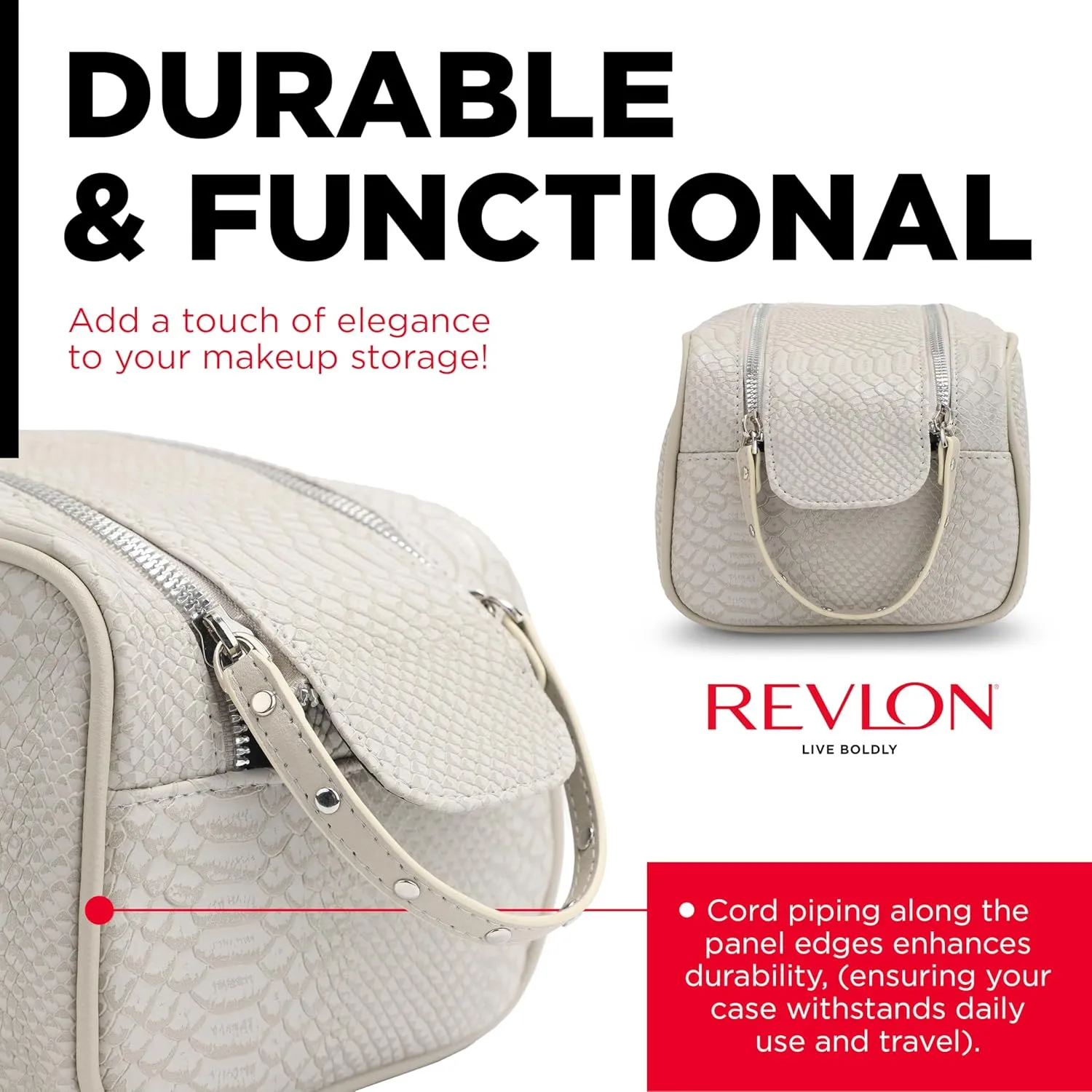 REVLON Croc Embossed Makeup Bag - Small Makeup Pouch, Travel Makeup Organizer with Two Zippers, Cosmetic Bag, Mini Makeup Case with Pockets - Gifts for Women, Ladies, or Teen Girls, Dove