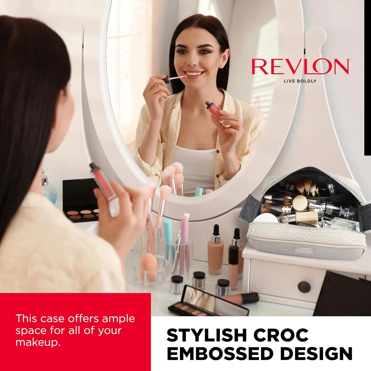 REVLON Croc Embossed Makeup Bag - Small Makeup Pouch, Travel Makeup Organizer with Two Zippers, Cosmetic Bag, Mini Makeup Case with Pockets - Gifts for Women, Ladies, or Teen Girls, Dove