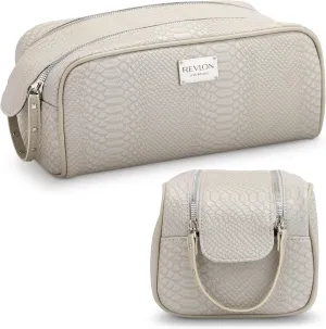REVLON Croc Embossed Makeup Bag - Small Makeup Pouch, Travel Makeup Organizer with Two Zippers, Cosmetic Bag, Mini Makeup Case with Pockets - Gifts for Women, Ladies, or Teen Girls, Dove