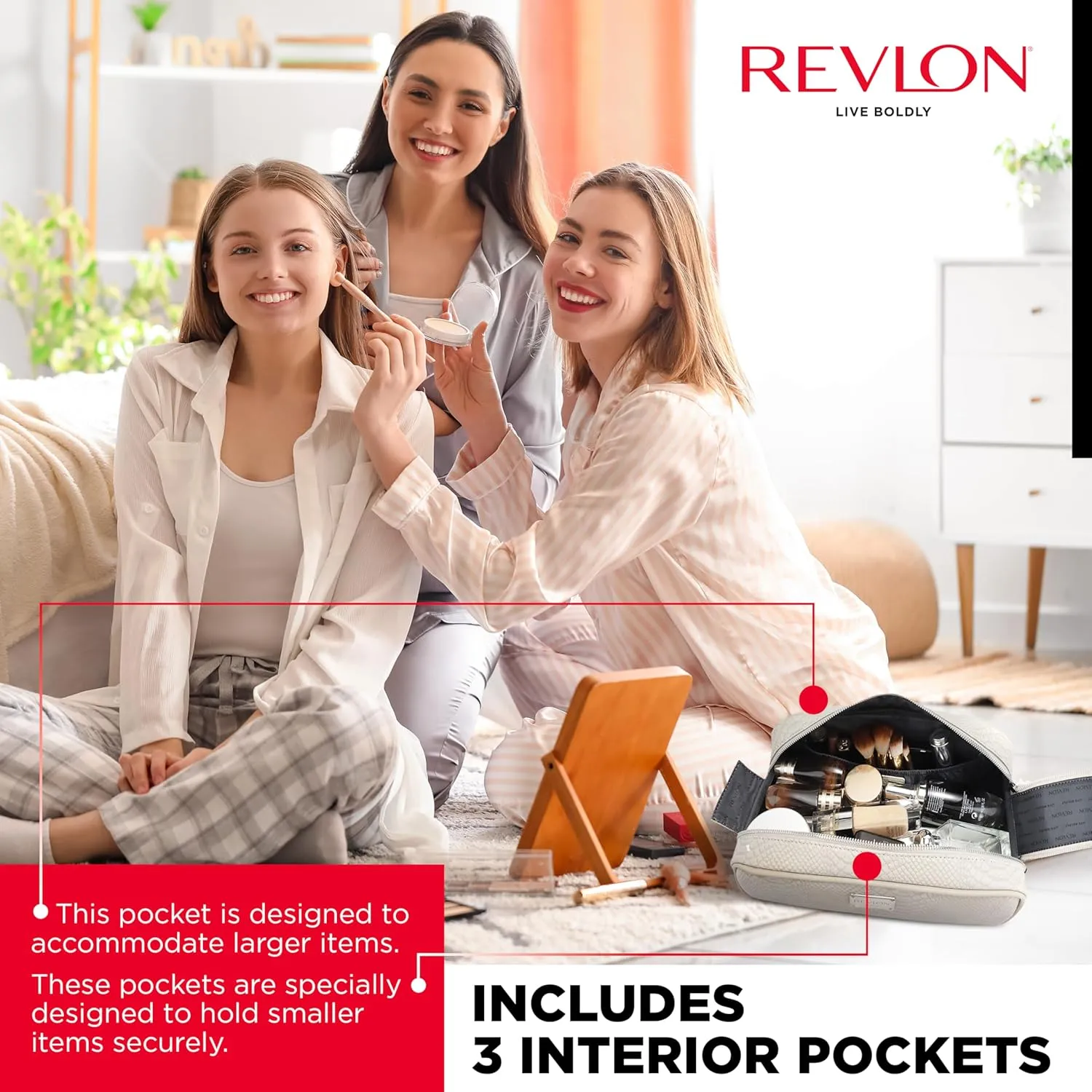 REVLON Croc Embossed Makeup Bag - Small Makeup Pouch, Travel Makeup Organizer with Two Zippers, Cosmetic Bag, Mini Makeup Case with Pockets - Gifts for Women, Ladies, or Teen Girls, Dove