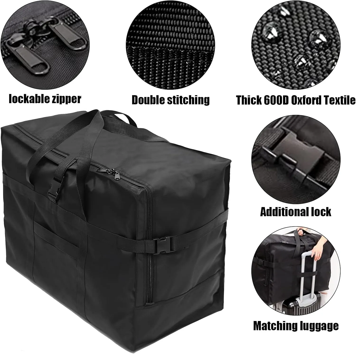 RicoRich 120L Travel Duffel Bag, Foldable Heavy Duty Overnight Bag, Larger Size Carry on Luggage Sport Duffle for Weekender/Vacation/Camping/Beach/Tent(Black)