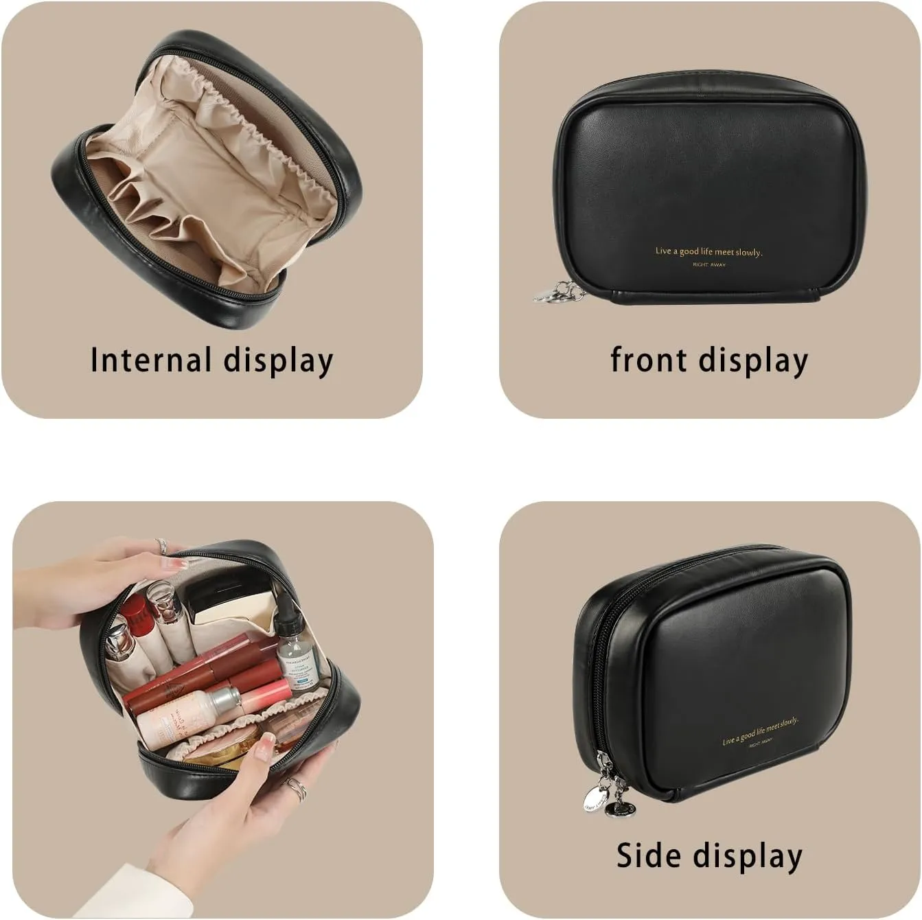 RIGHT AWAY Makeup Bag,Travel Cosmetic Bag Organizer with Zipper,Waterproof Toiletry Bags Makeup Pouch for Purse, Small Make Up Bag &Cases with Compartments for Women Girls（Black）