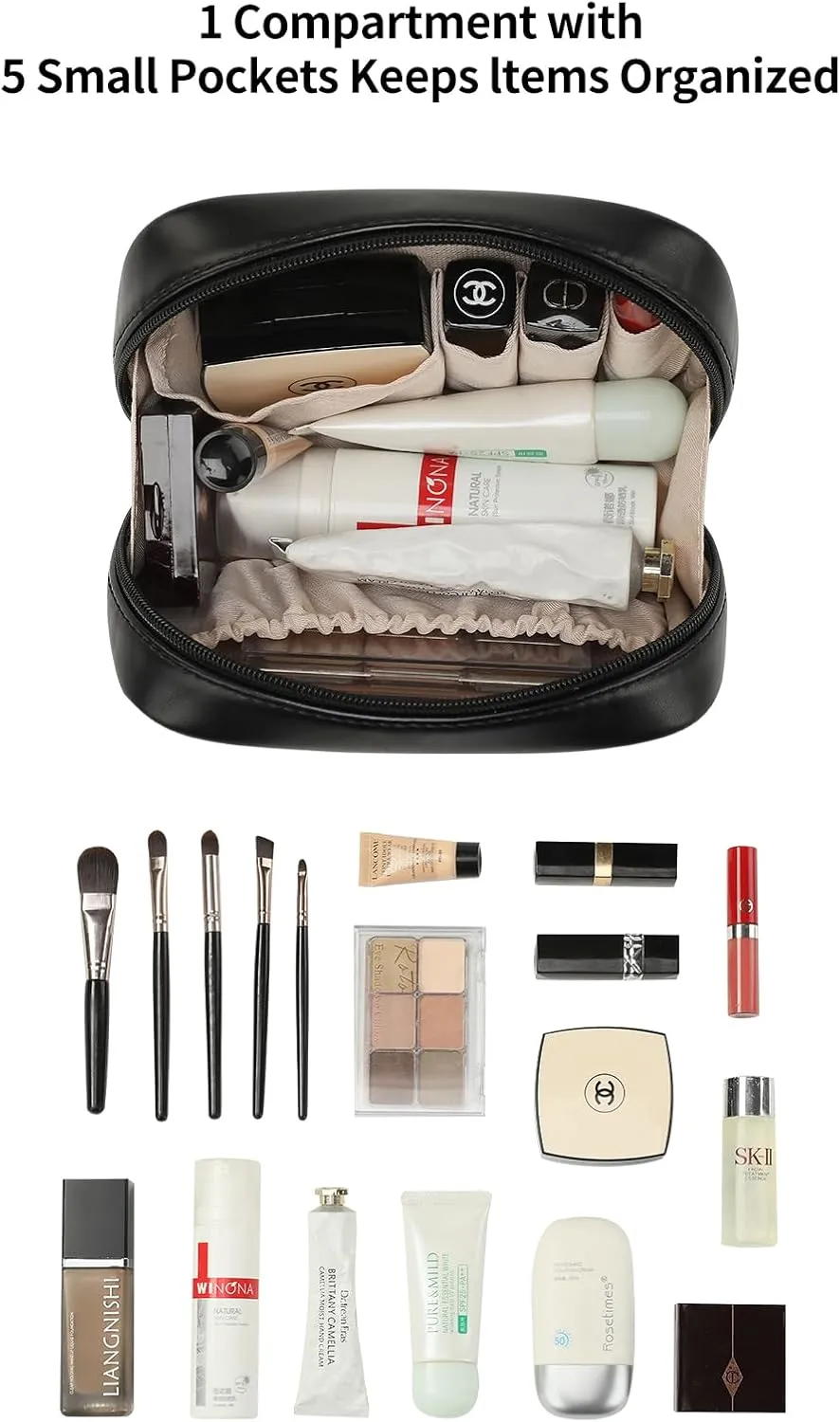 RIGHT AWAY Makeup Bag,Travel Cosmetic Bag Organizer with Zipper,Waterproof Toiletry Bags Makeup Pouch for Purse, Small Make Up Bag &Cases with Compartments for Women Girls（Black）
