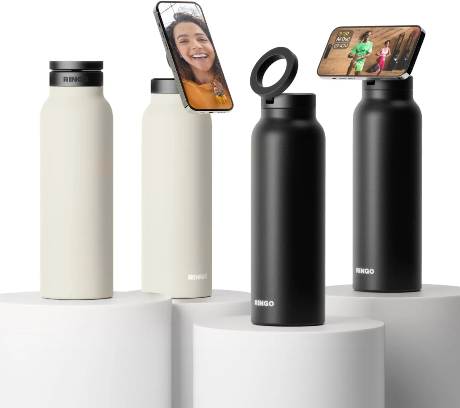 Ringo Insulated Water Bottle | Compatible MagSafe Water Bottle With Phone Holder | Stainless Steel Water Bottle With Magnetic Phone Tripod Mount | Hot for 12H, Cold for 24H, 360° Rotate - Black 32oz