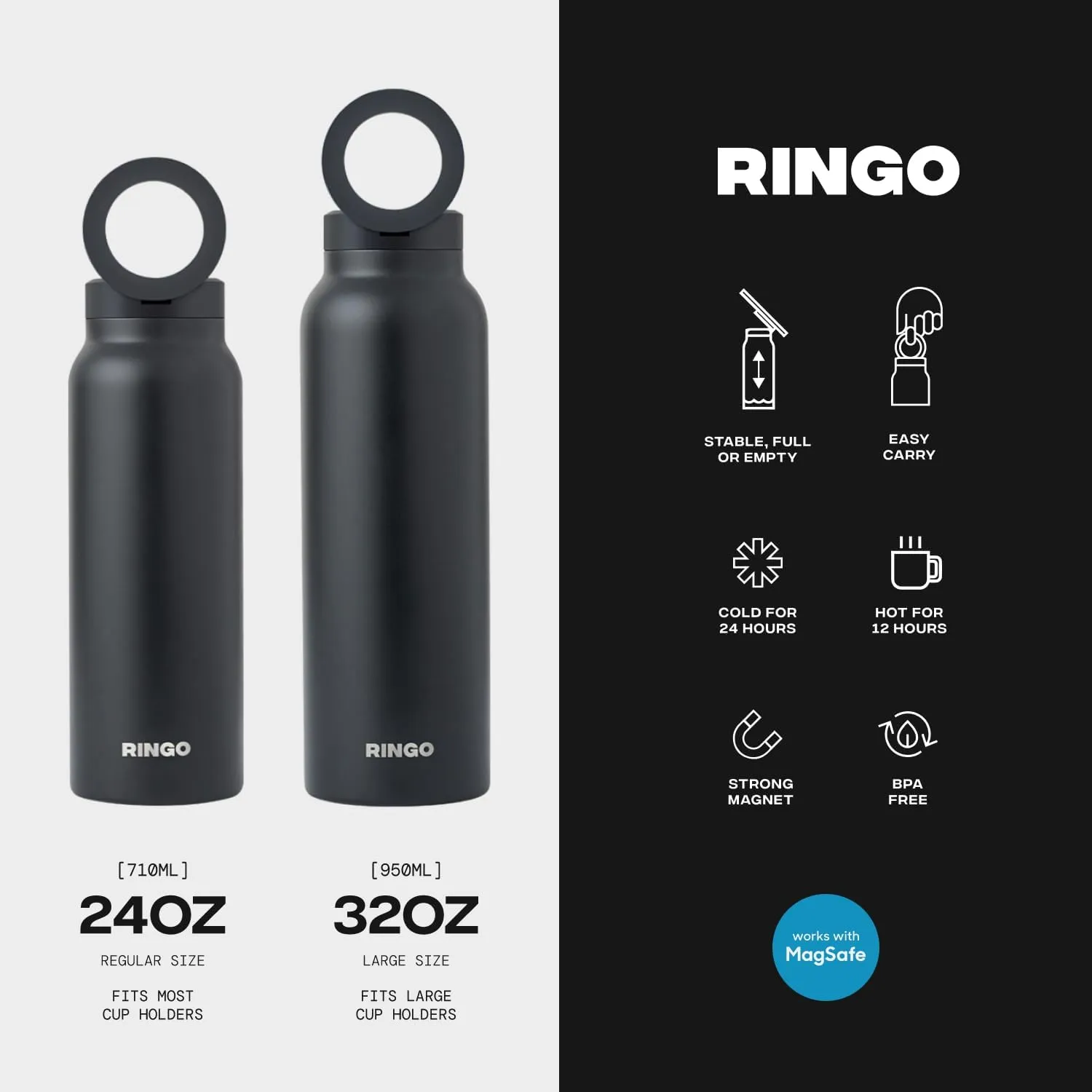 Ringo Insulated Water Bottle | Compatible MagSafe Water Bottle With Phone Holder | Stainless Steel Water Bottle With Magnetic Phone Tripod Mount | Hot for 12H, Cold for 24H, 360° Rotate - Black 32oz