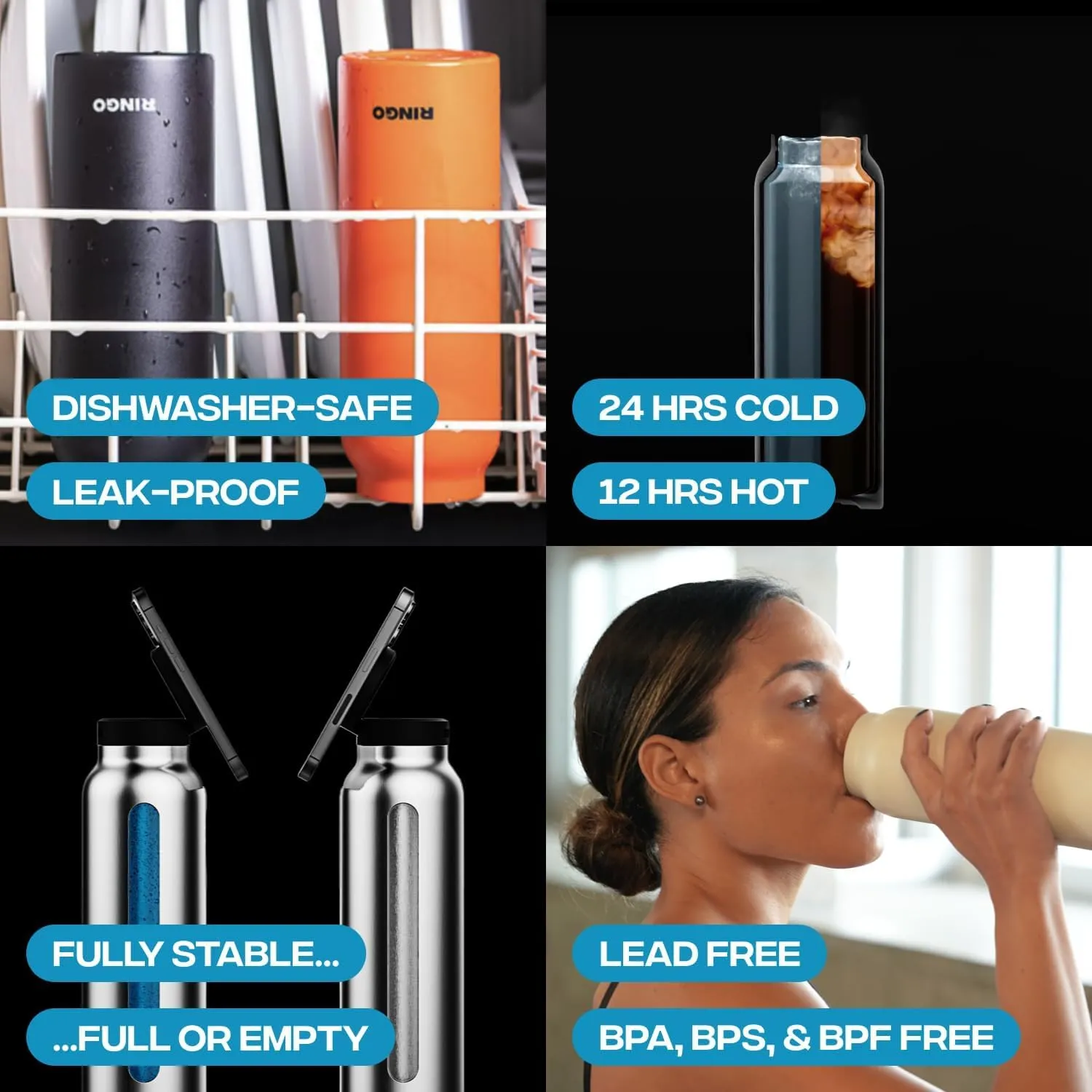 Ringo Insulated Water Bottle | Compatible MagSafe Water Bottle With Phone Holder | Stainless Steel Water Bottle With Magnetic Phone Tripod Mount | Hot for 12H, Cold for 24H, 360° Rotate - Black 32oz